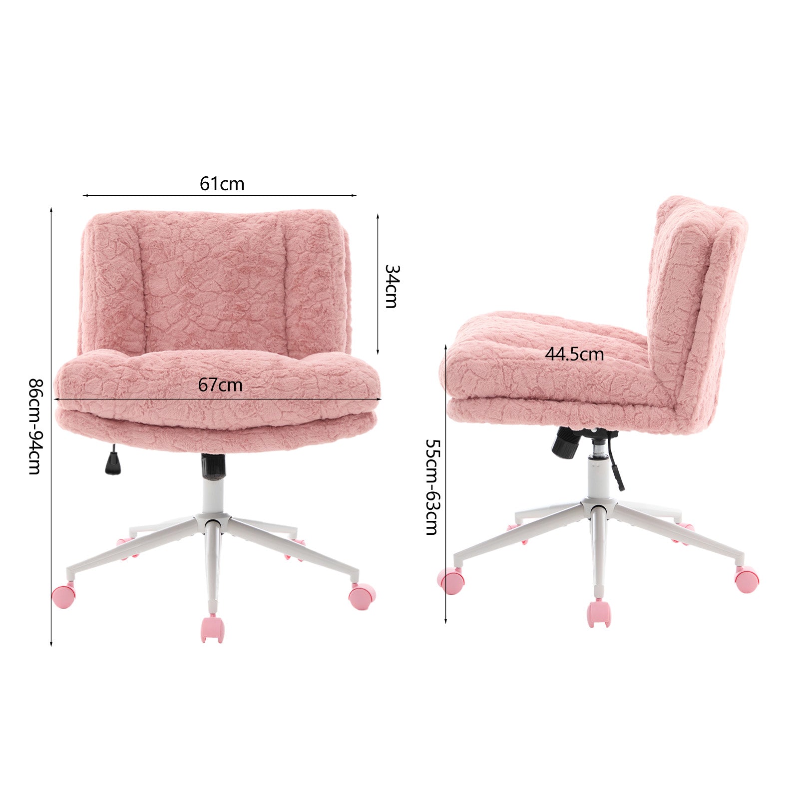 Wider Seat Office Chair with Swivel Adjustable Metal Base, Pink Artificial Rabbit Hair
