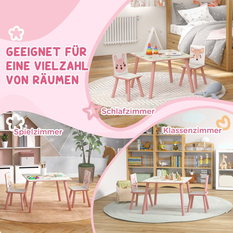 Children's Seating Set, Table with 2 Chairs, Animal Motif, Pine Wood, Pink