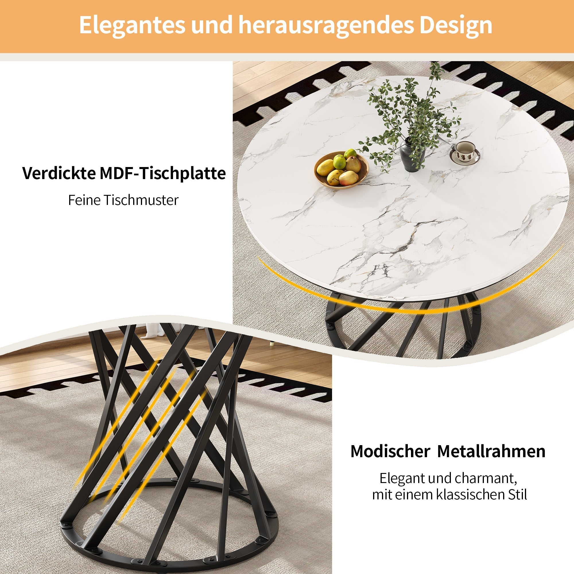 Round Dining Table 80cm for 4 Marbled MDF Top Black Metal Legs