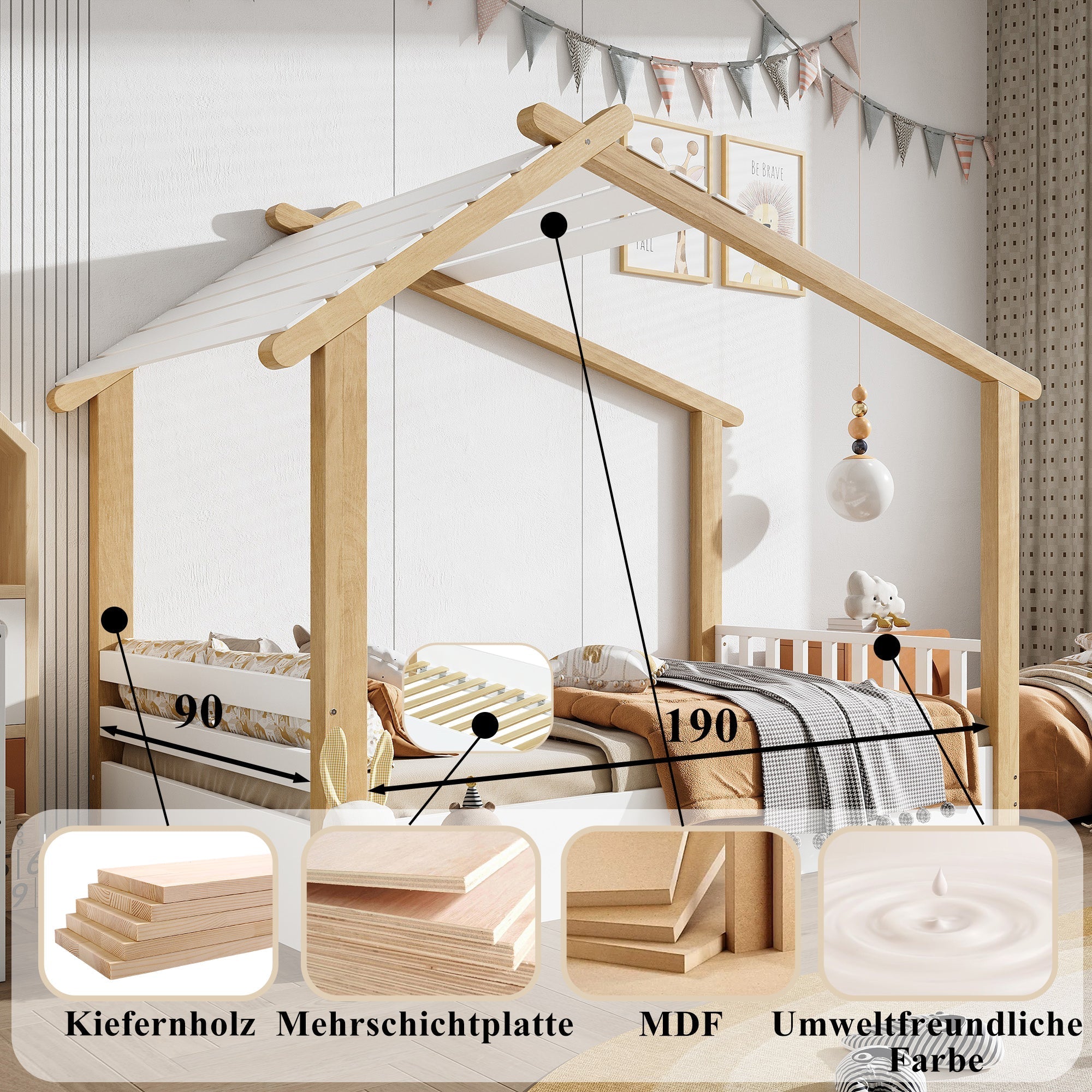 Wooden Bed, House Design Single, Pine + Chipboard + MDF, White + Natural