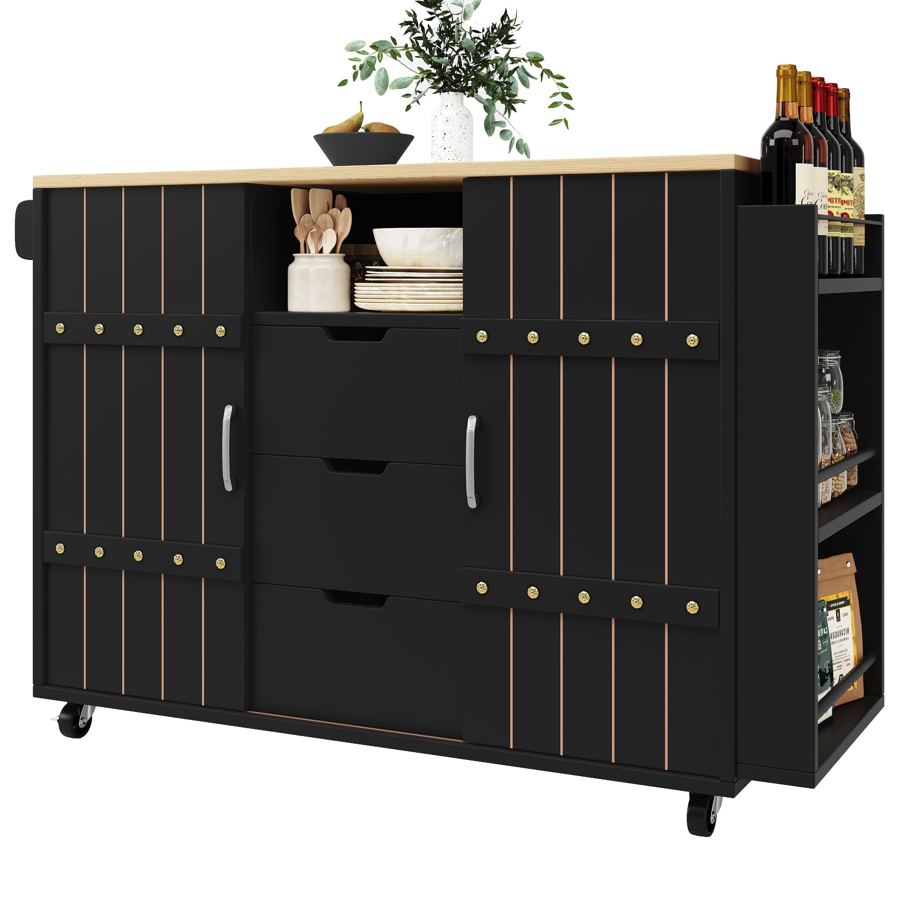 Kitchen Serving Cart Mobile Island with Worktop Sliding Doors Drawers Spice Rack Black