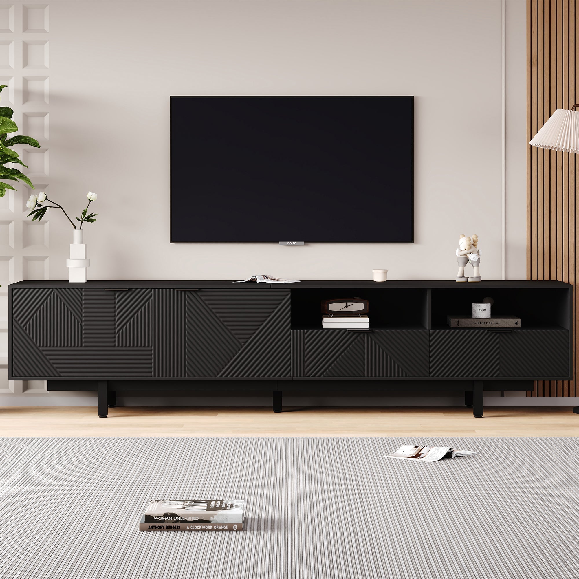 TV Cabinet, Modern Bohemian, Abstract Geometric, 90-inch, Black