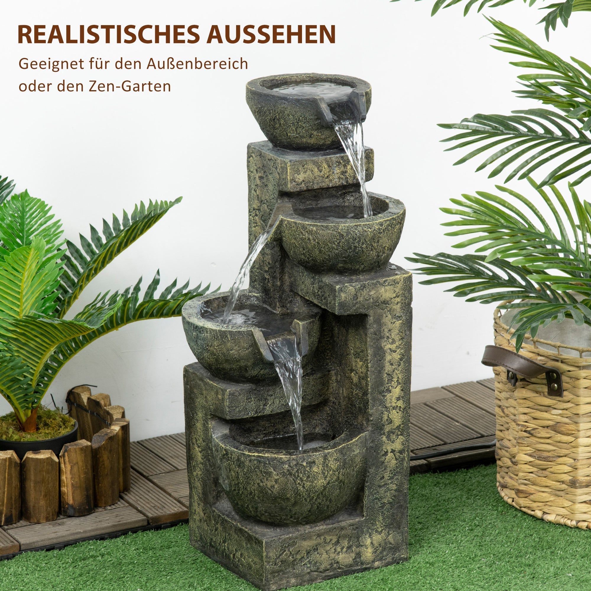 Garden Fountain with 4 Adjustable Flow Levels, Water Feature Waterfall, Synthetic Resin