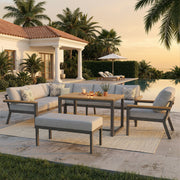 L-Shaped Garden Sofa Set 8-Person Iron Frame Wood Table - Grey Cushions