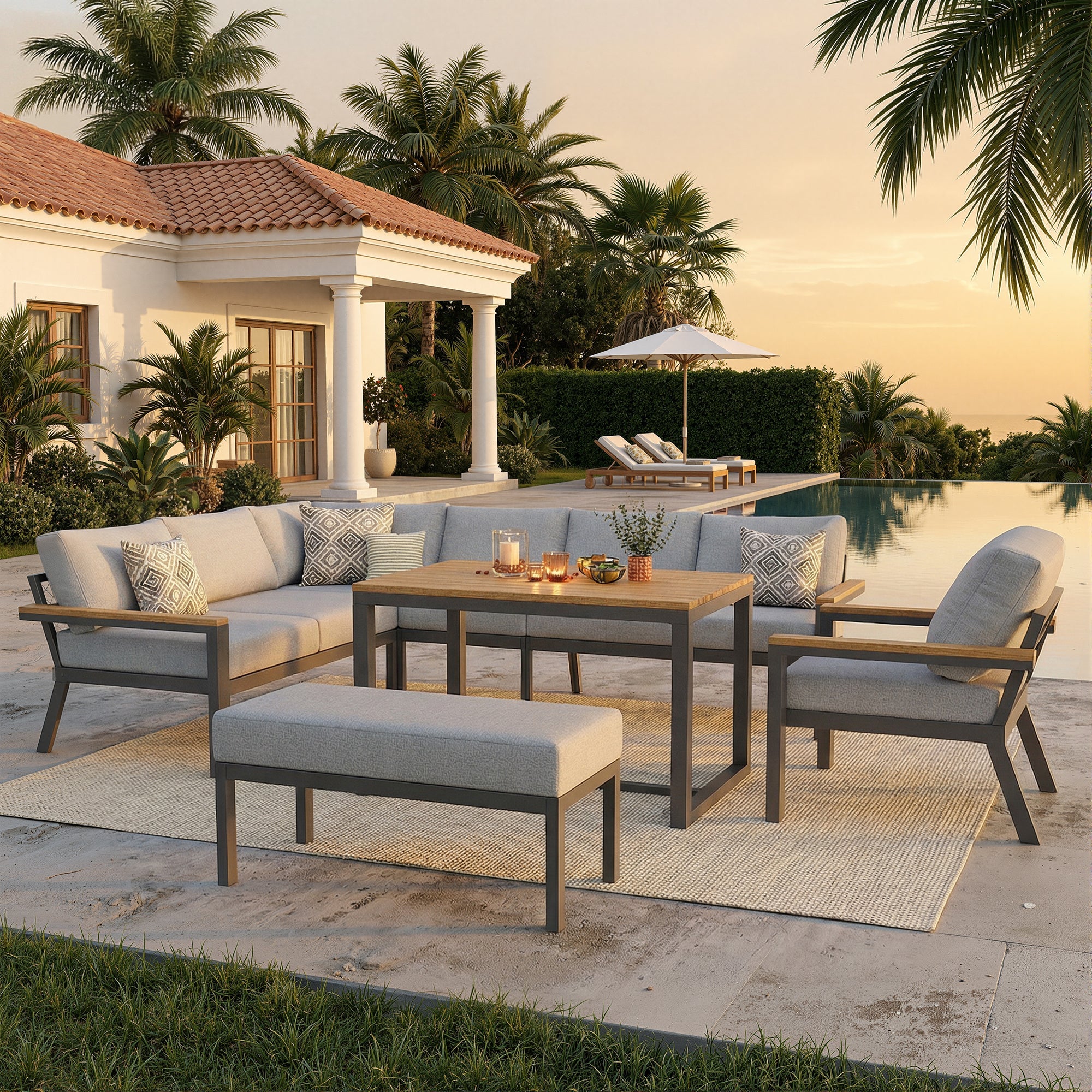 L-Shaped Garden Sofa Set 8-Person Iron Frame Wood Table - Grey Cushions