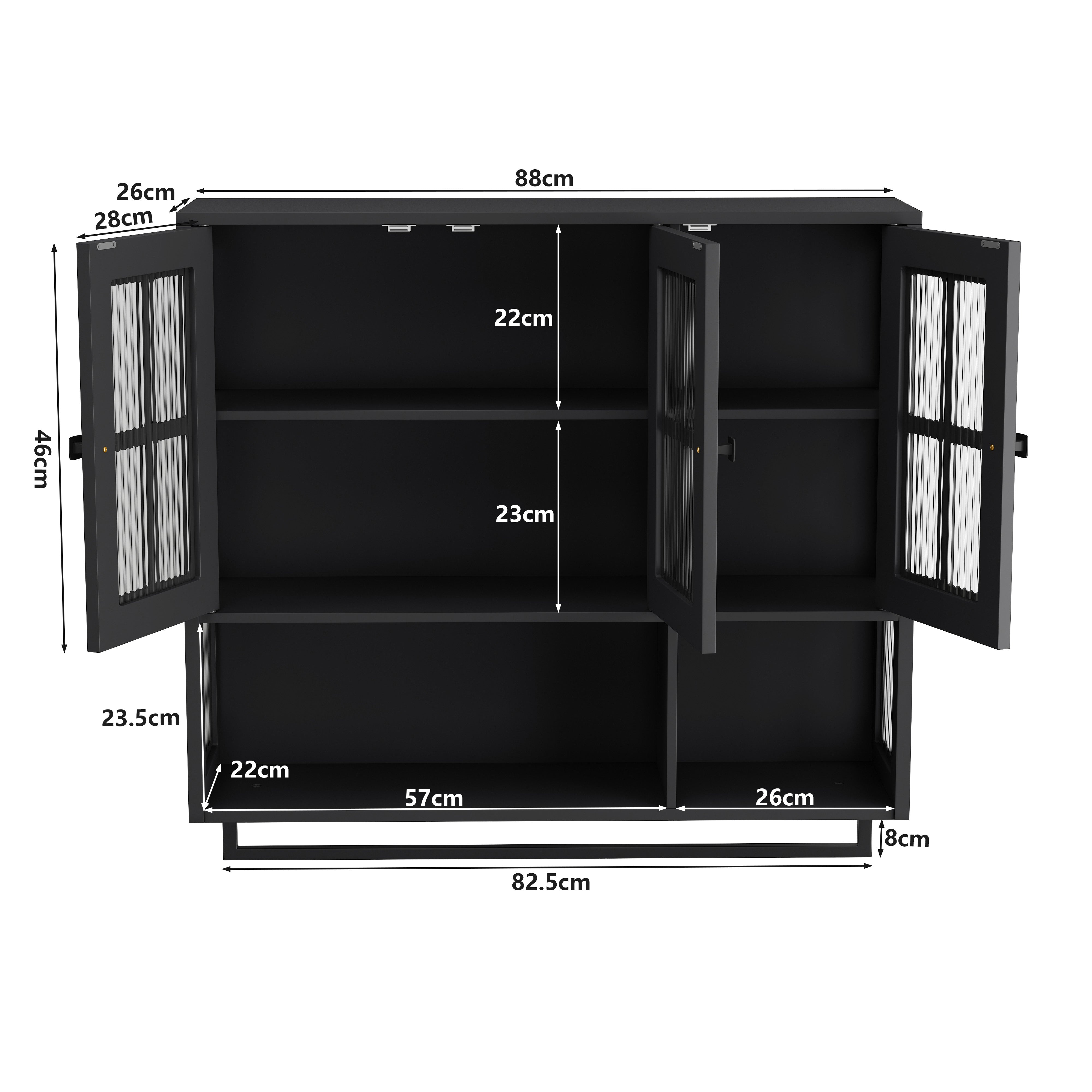 Bathroom Wall Cabinet 3-Door Wooden Glass Door Towel Bar, Black