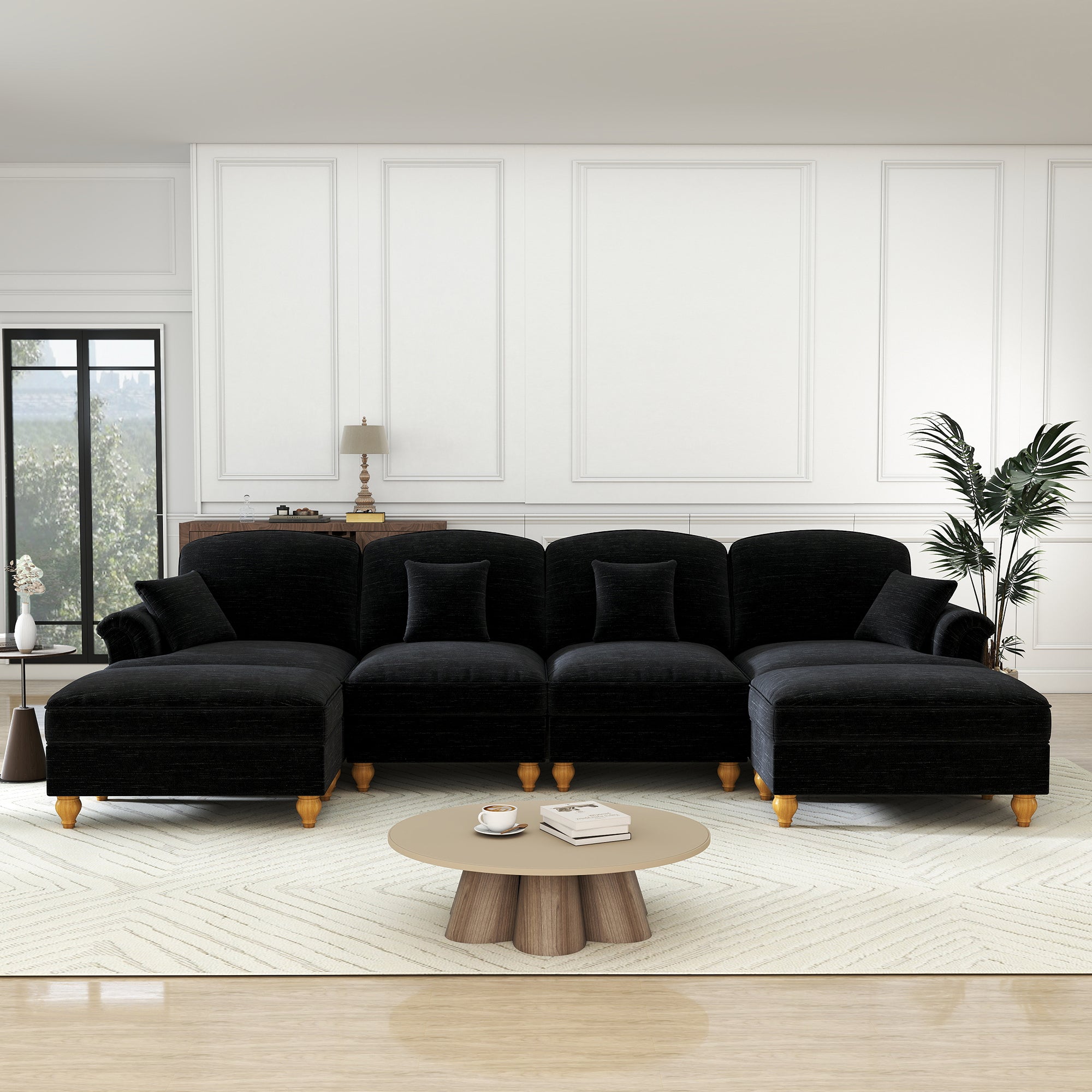 Classic U-shaped Modular Sofa 4-Seater Movable Ottoman Removable Apron - Chenille Black