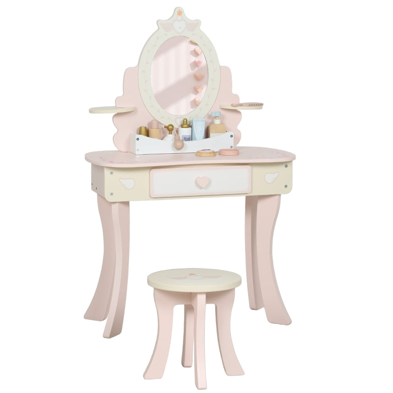 Kids Dressing Table Vanity Set with Mirror Stool Drawer Storage Pink