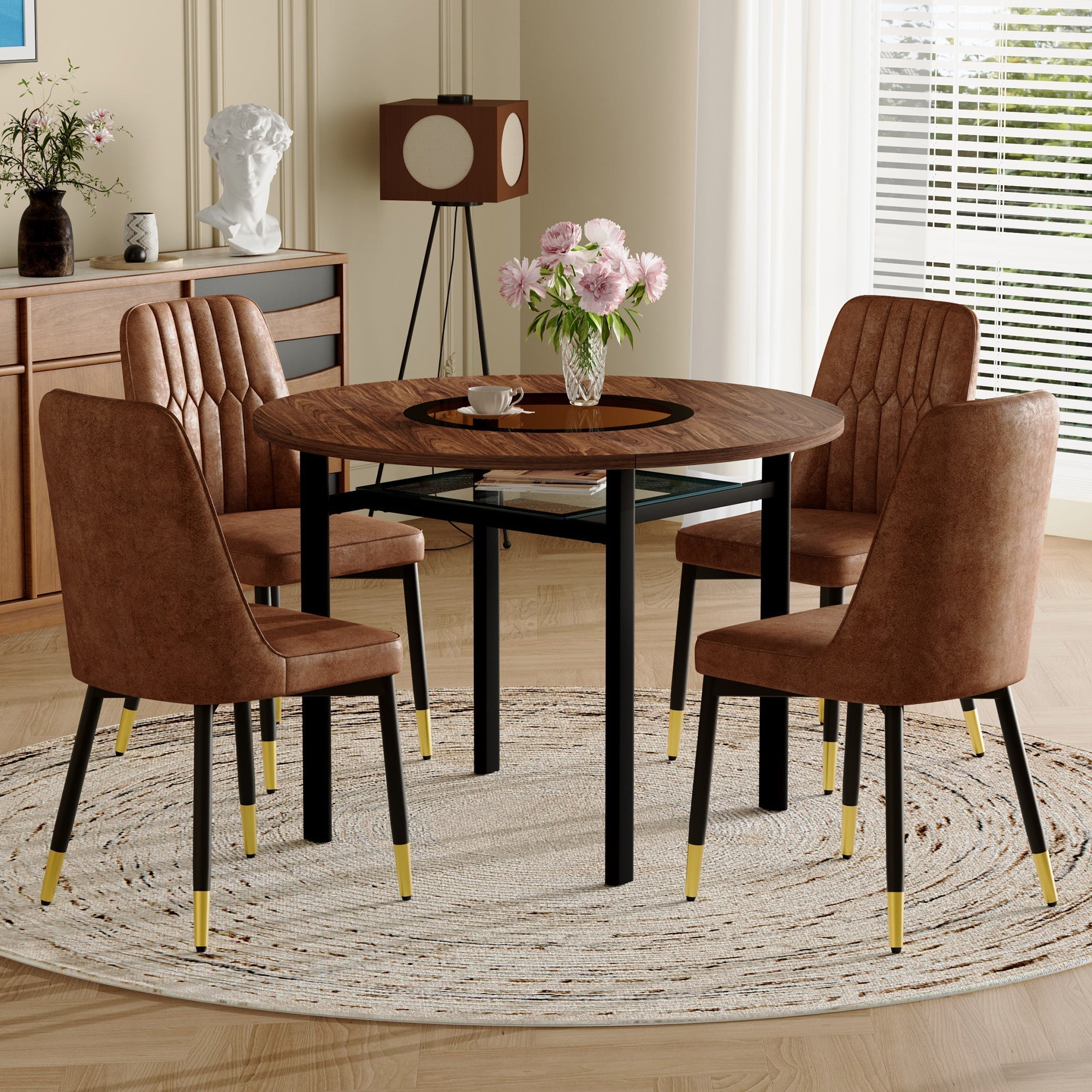 Dining Set Round 100cm Wood Look Table with 4 Chairs Brown Tech Fabric