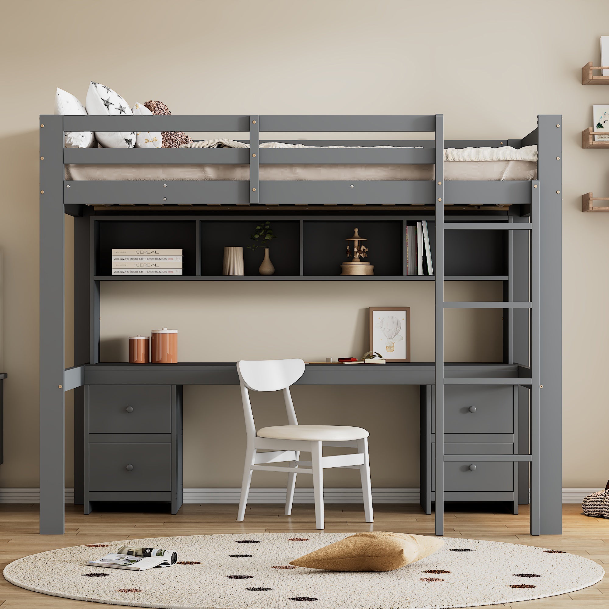 Loft Bed for Children with Desk and Storage, 90x200 cm, Grey