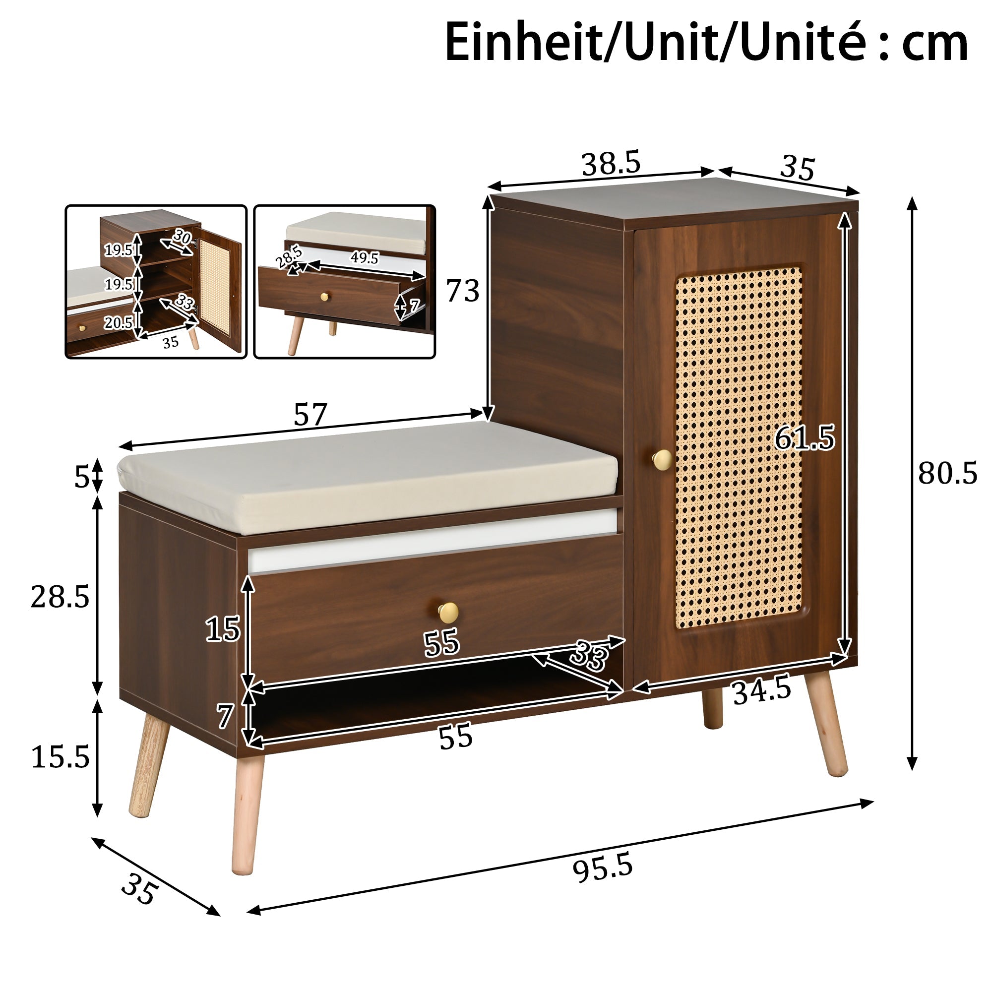 Rattan Hall Bench with Shoe Storage, Drawers and Seat Cushion, Oak and Rattan