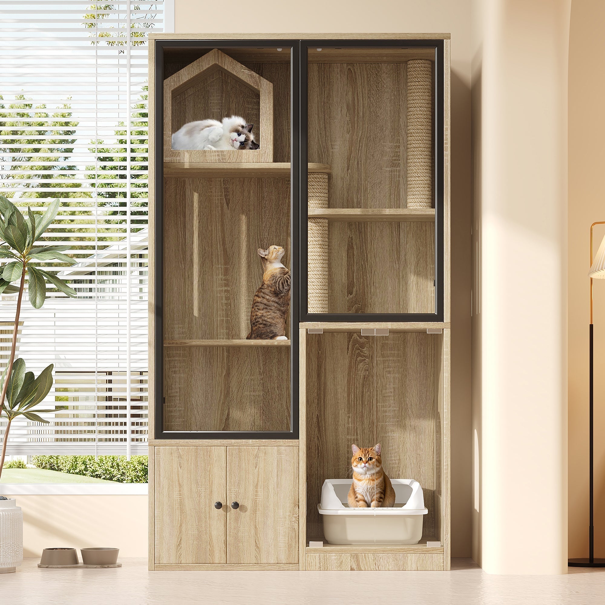 4-Story Glass Cat House Cage Winterproof 90x50x160cm - Natural Wood Color
