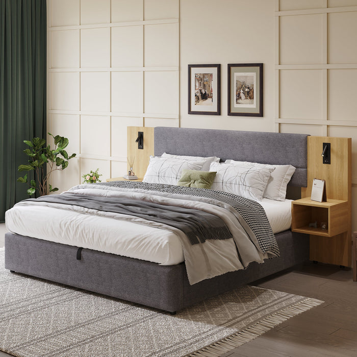 Upholstered Bed 180x200cm Hydraulic Storage USB LED 2 Bedside Tables - Velvet Grey/Natural