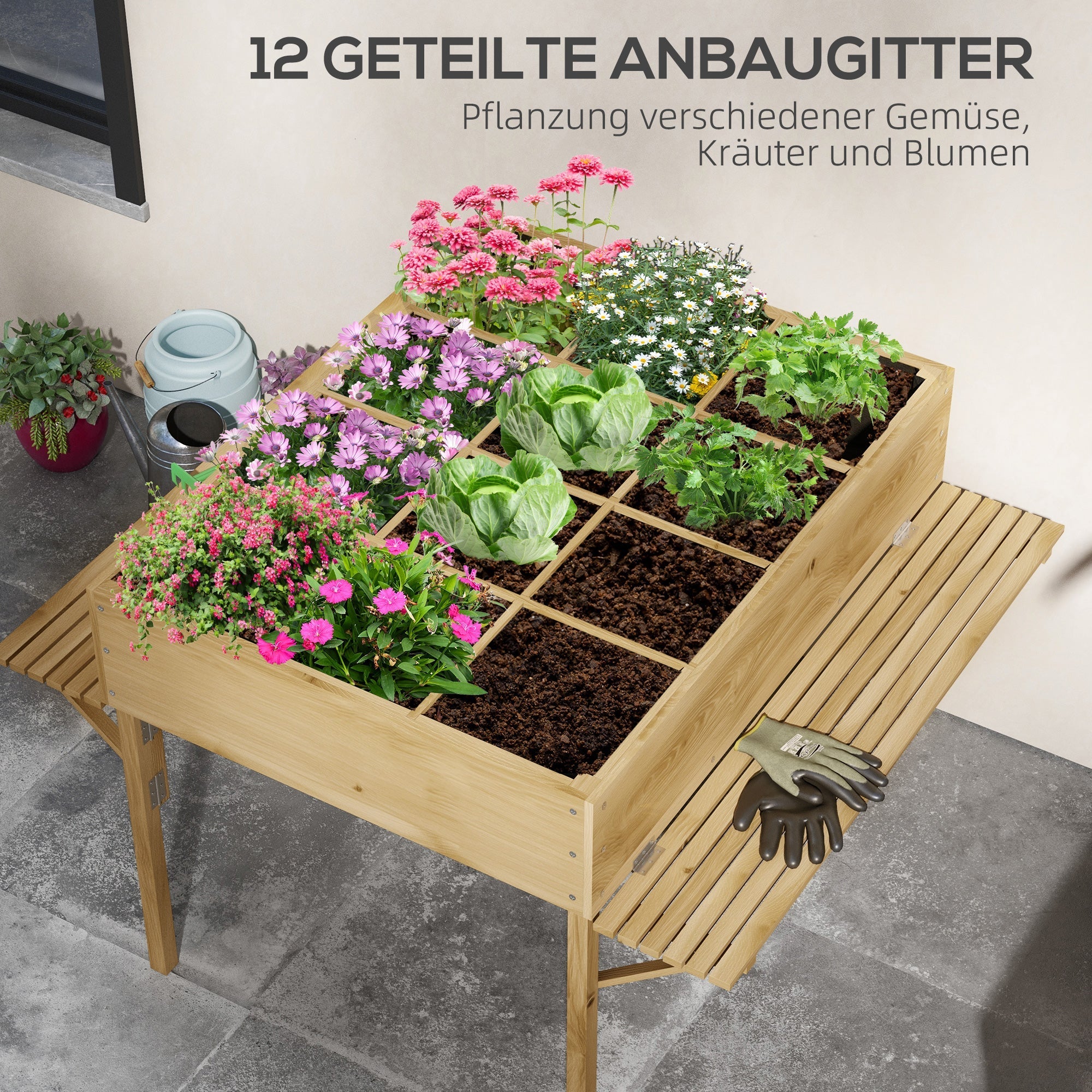 Raised Bed, Foldable Cold Frame, 12 Dividers, Natural Wood