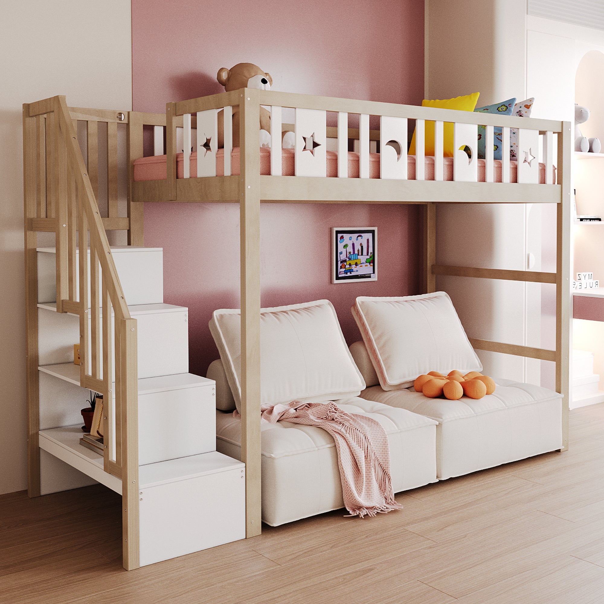 Children's Loft Bed 90*200, Storage Climbing Ladder & Safety Rails, Solid Wood