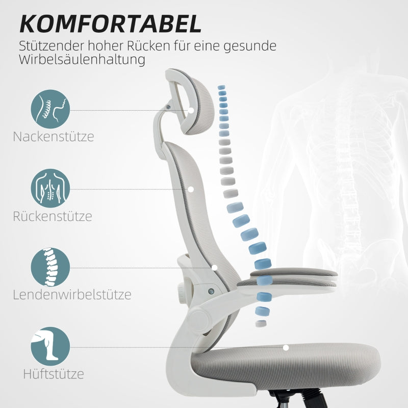Ergonomic Office Chair Mesh Back Adjustable Height Foldable Arms Rocking - Grey