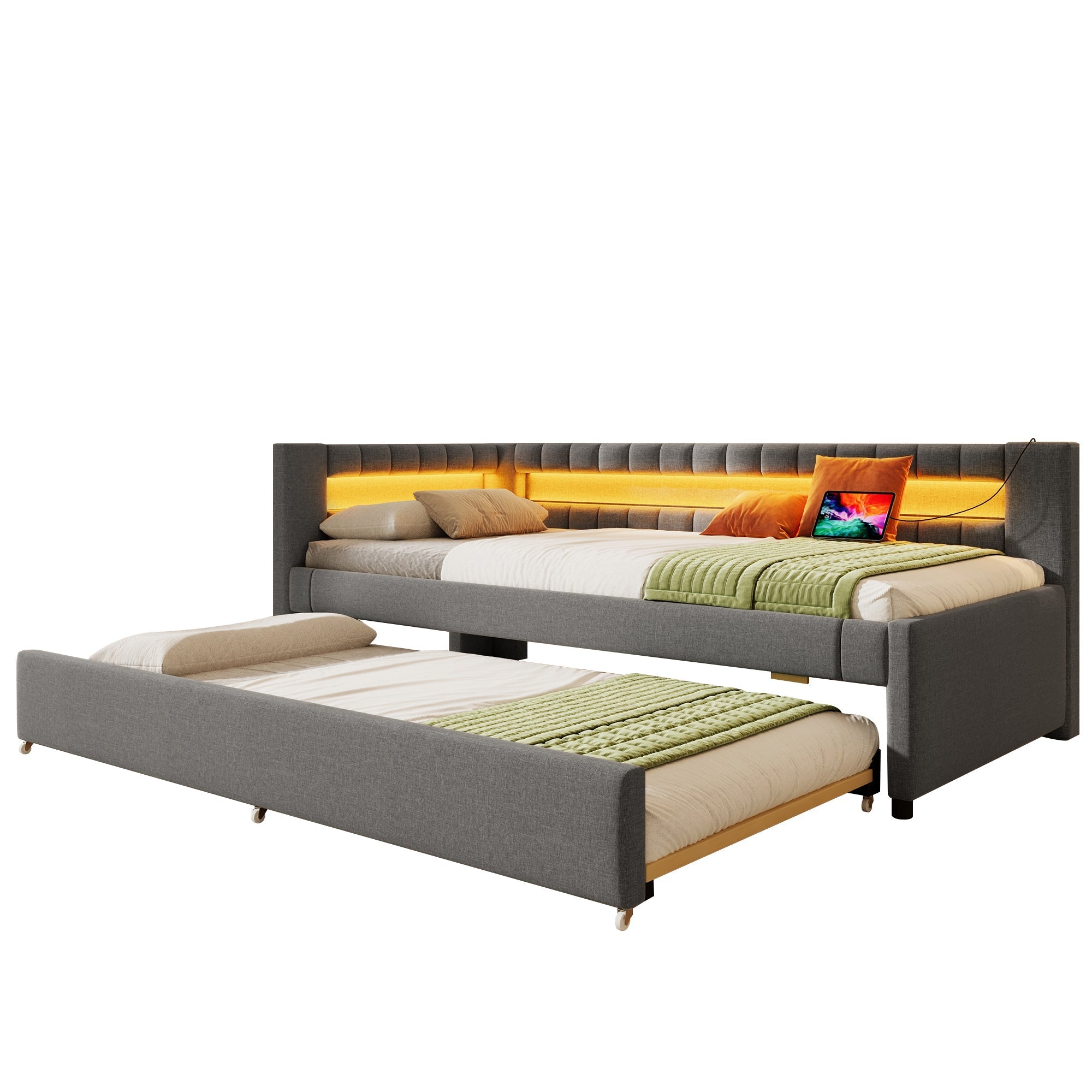 Daybed Sofa Bed 90x200cm Pull-out Bed LED Light USB/Type-C - Linen Grey