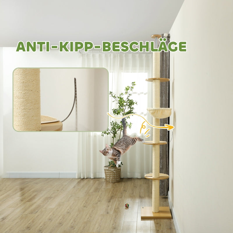 Katzenbaum, deckenhohe Sisalseile, Holzwerkstoff, Eiche+Cremeweiß