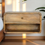 Solid Wood Bedside, Floating Curve Open Slot with 1 Drawer and Open Shelf, Brown