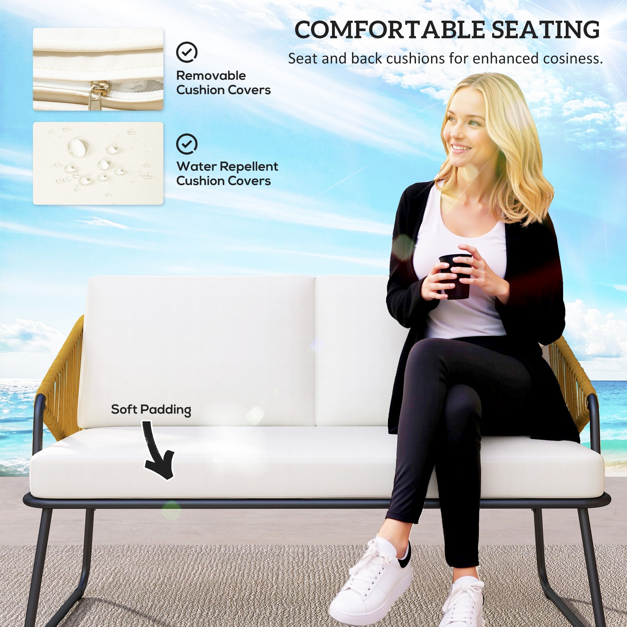 Outdoor Sofa Set, Four-Piece Strong Panel Rattan - Natural