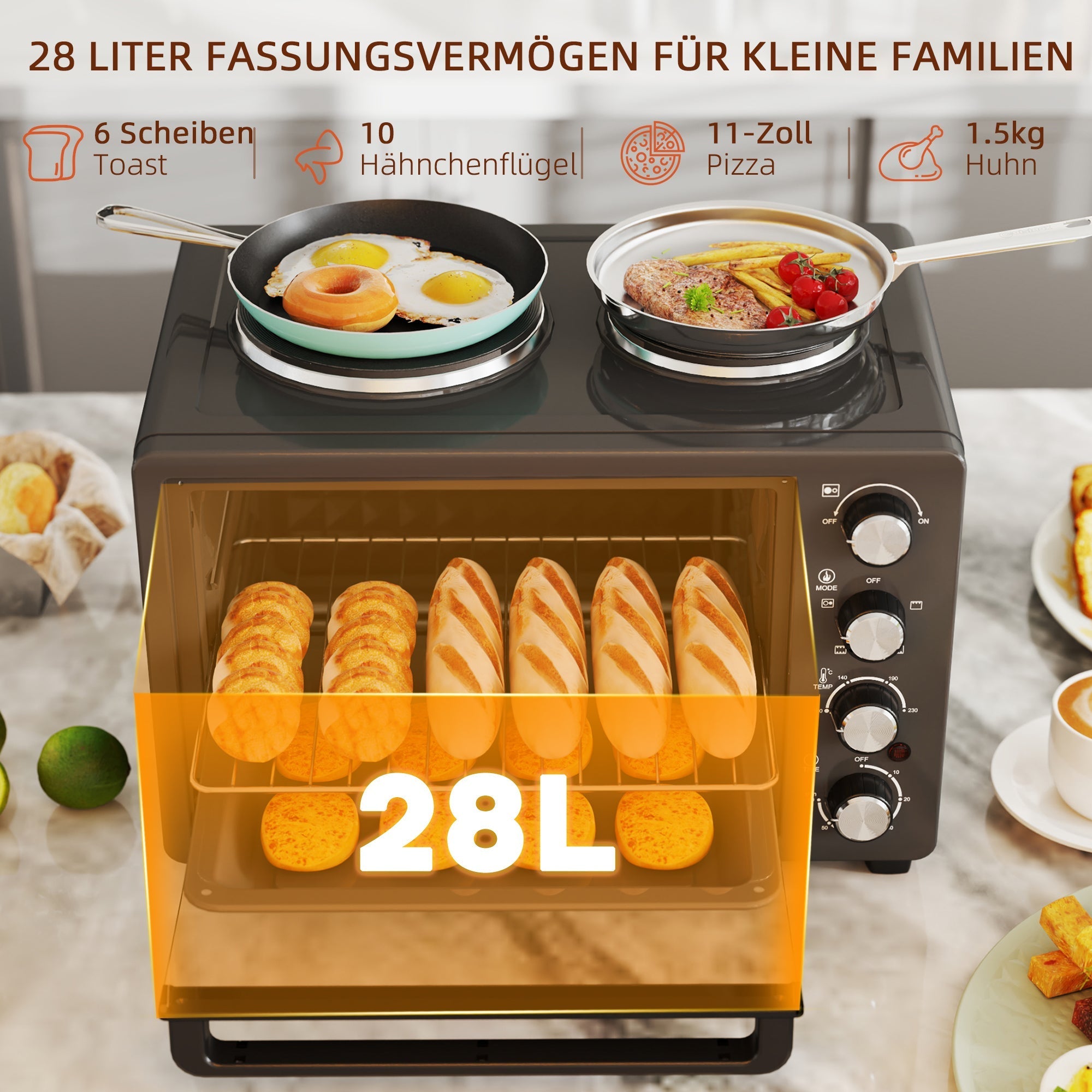 Mini-Backofen 28L 2600W mit 2 Kochplatten, Schwarz