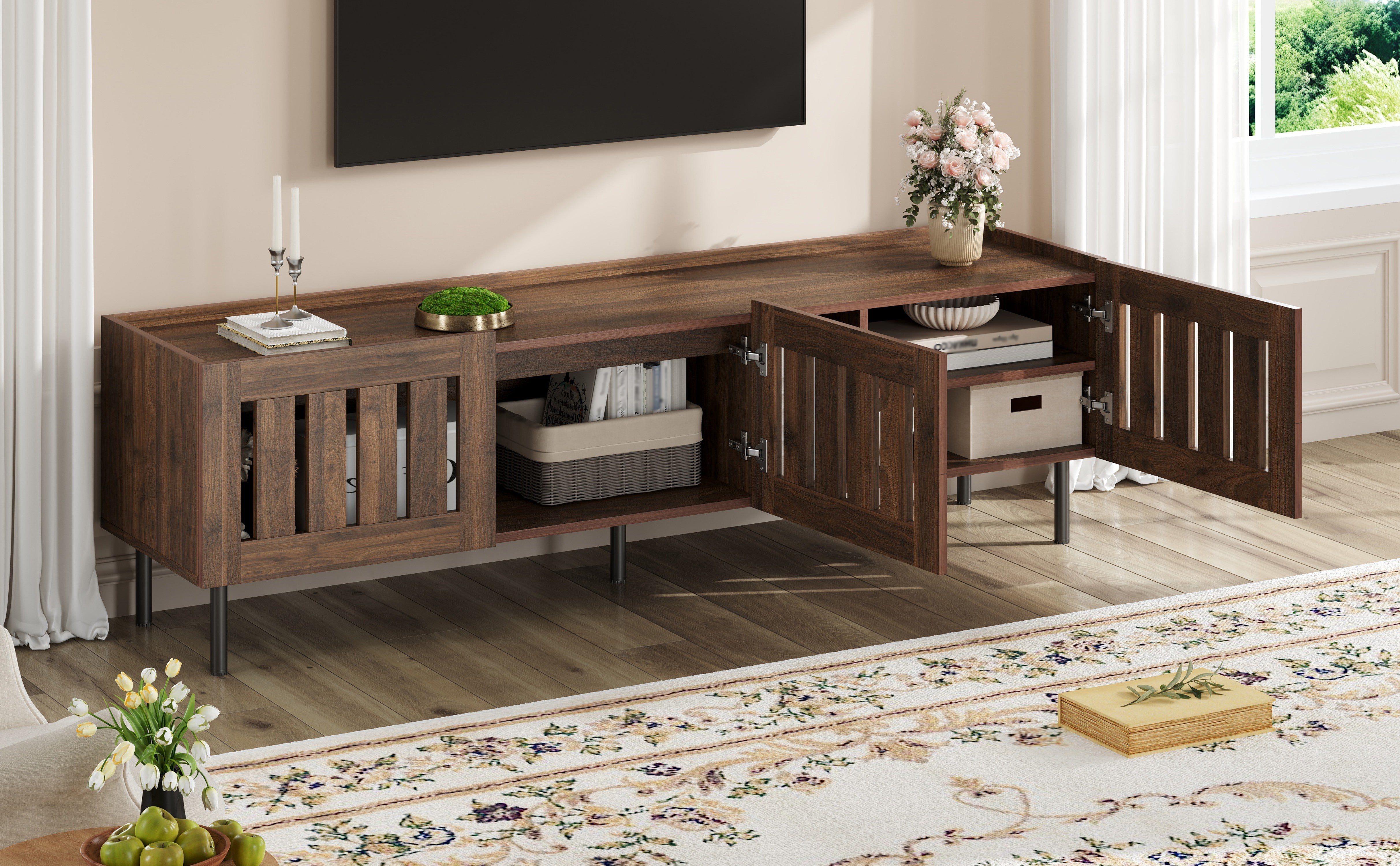 Lowboard Minimalist TV Stand 160cm for 65-inch TV Walnut Wood Finish