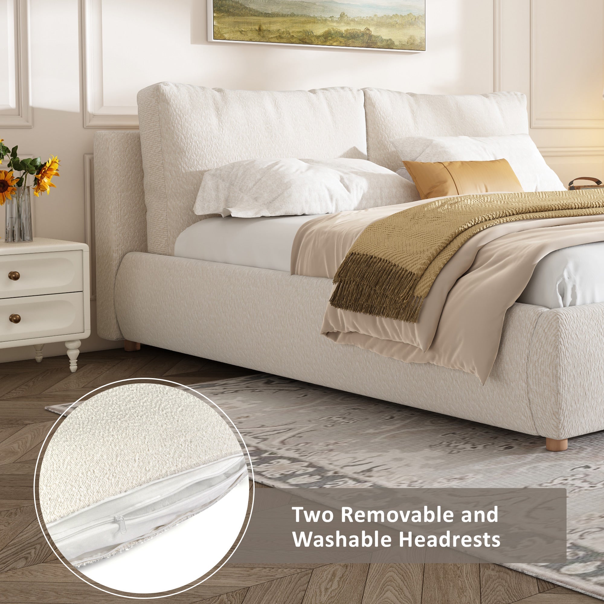 Ottoman Storage Bed Frame, 5ft Upholstered Cloud Bed with Boucle Fabric, Warm White