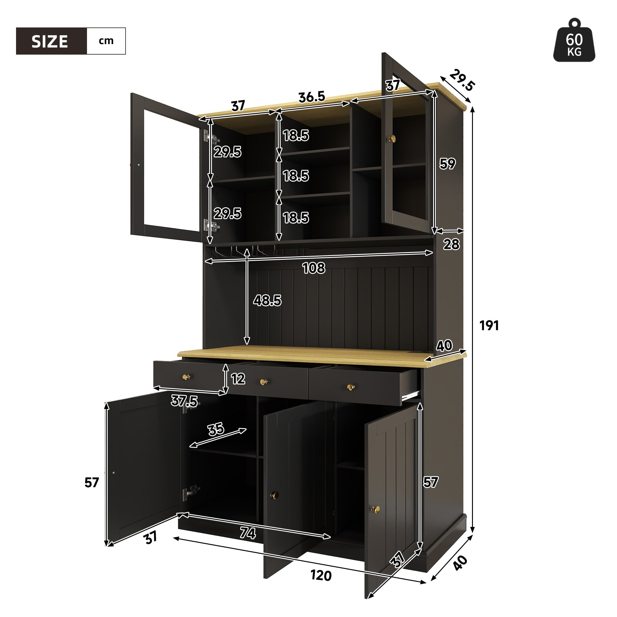 Sideboard Tall Cabinet with Glass Doors, Power Outlets & USB Ports, Black and Gold Handles