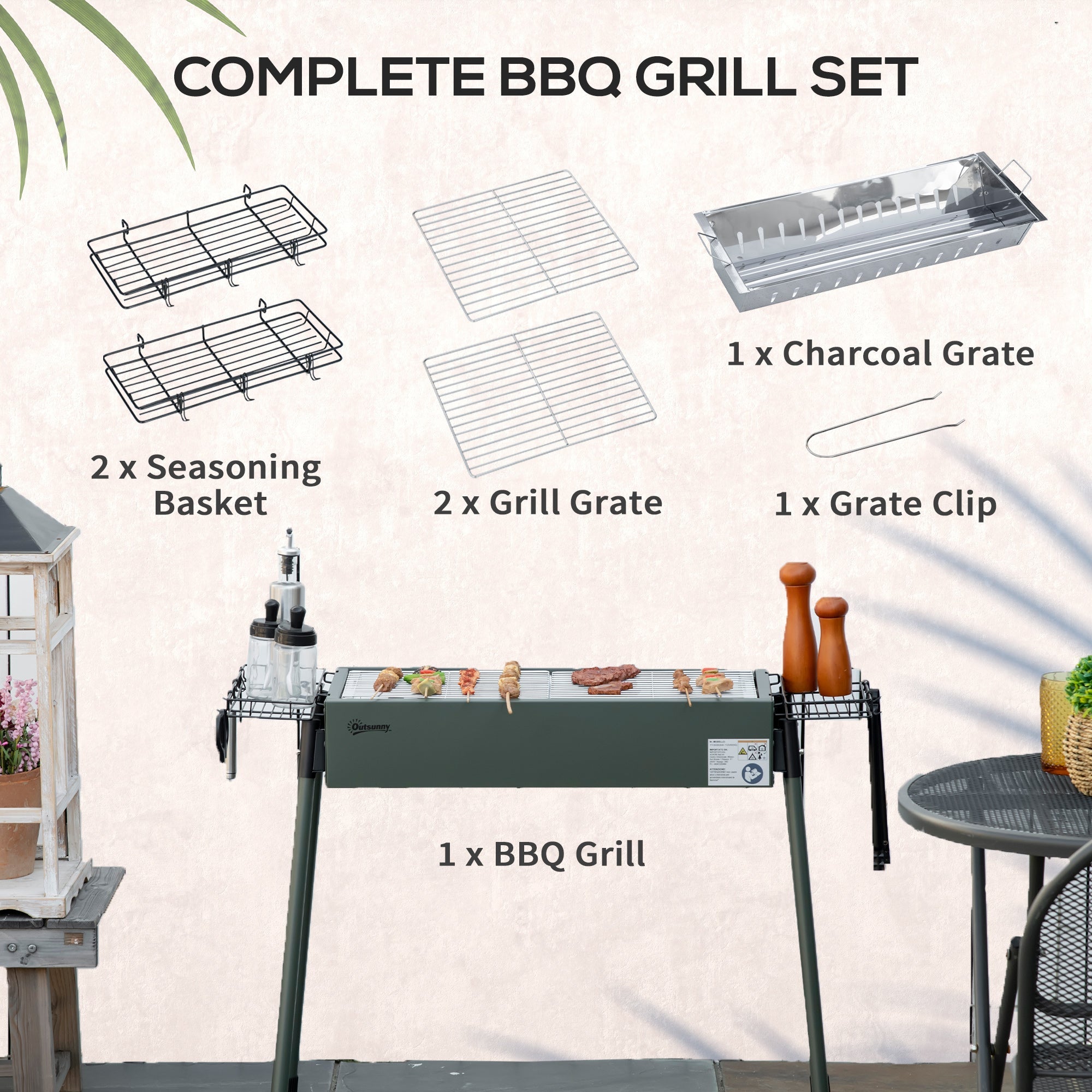 Portable Charcoal BBQ Grill with Seasoning Baskets and Hooks, Stainless Steel