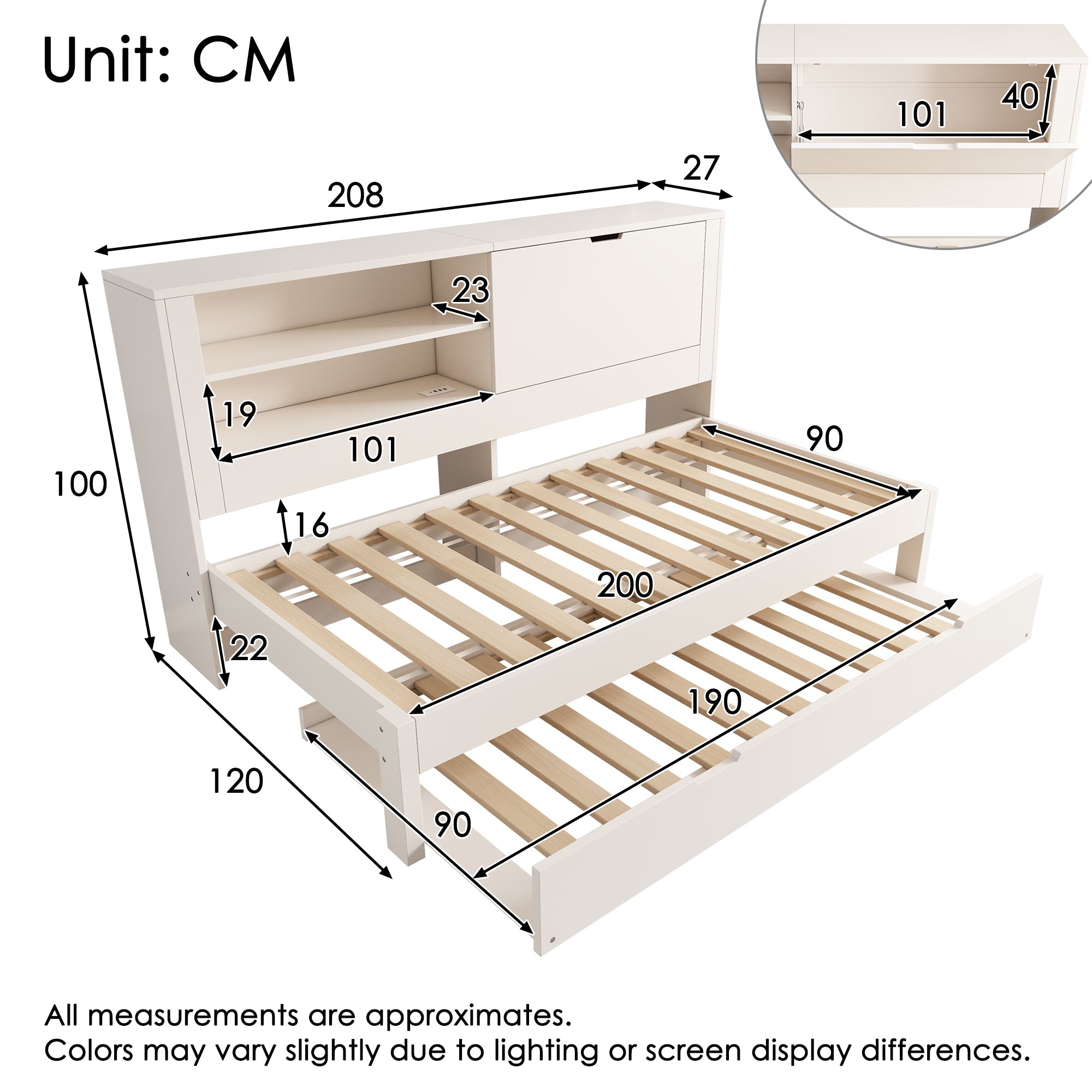 Single Sofa Bed 90x200cm Pull-Out Bed 90x190 Storage USB/USB-C Charging - White Wood