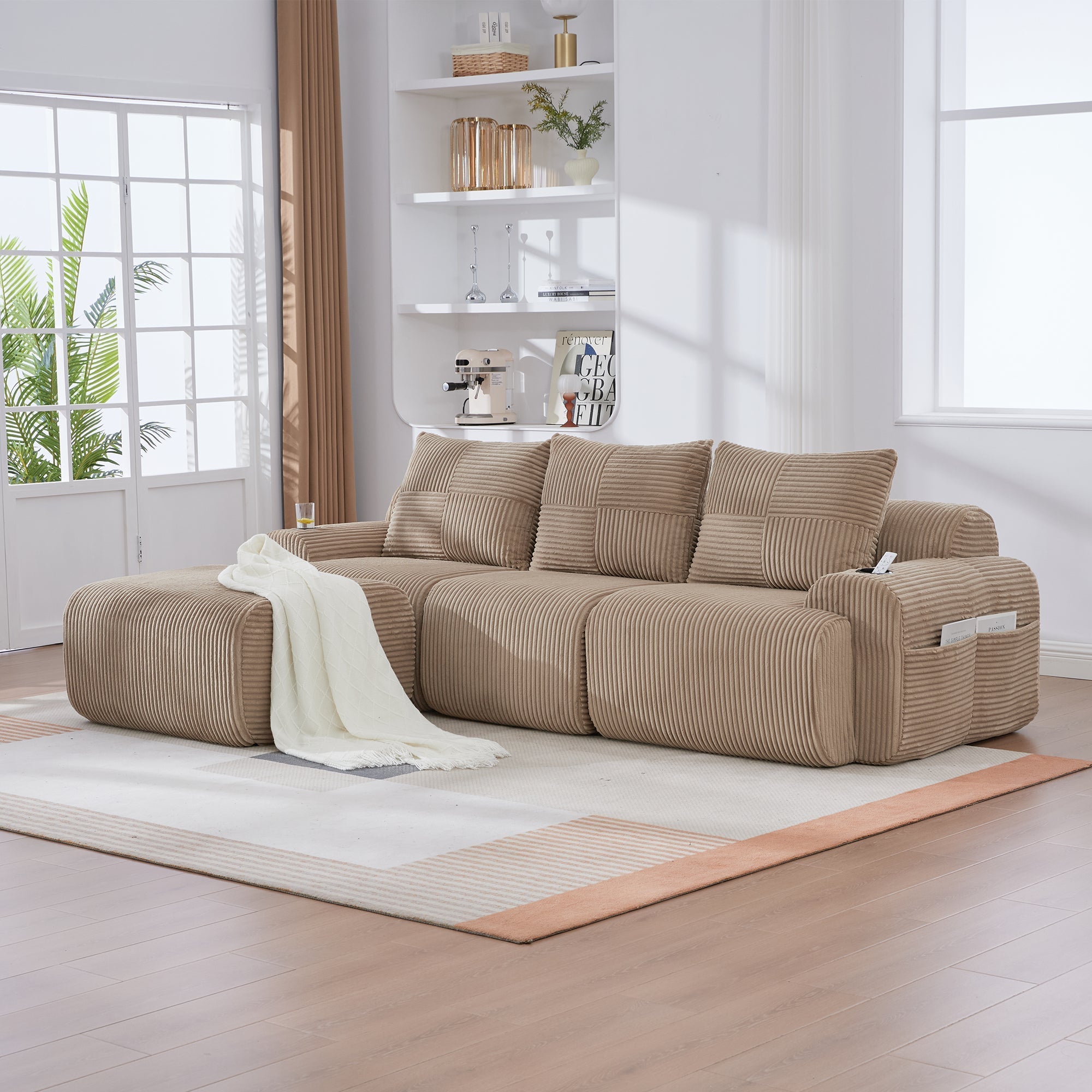 3-Seater Modular Sofa with Ottomans and Cup Holders, Khaki Corduroy
