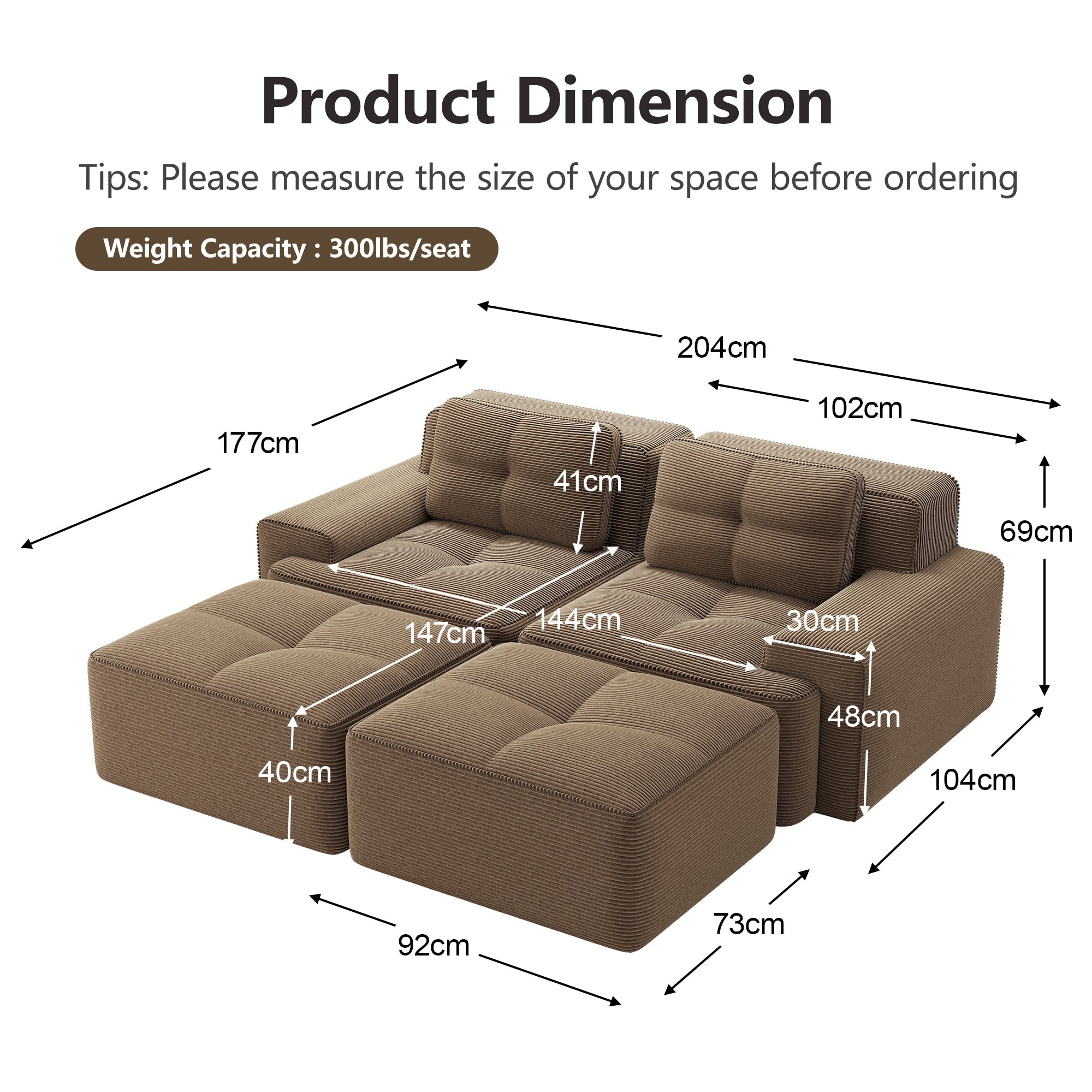 Cloud Modular Sofa U-Shaped Ottoman 2-Seater Deep Seat - Corduroy Brown