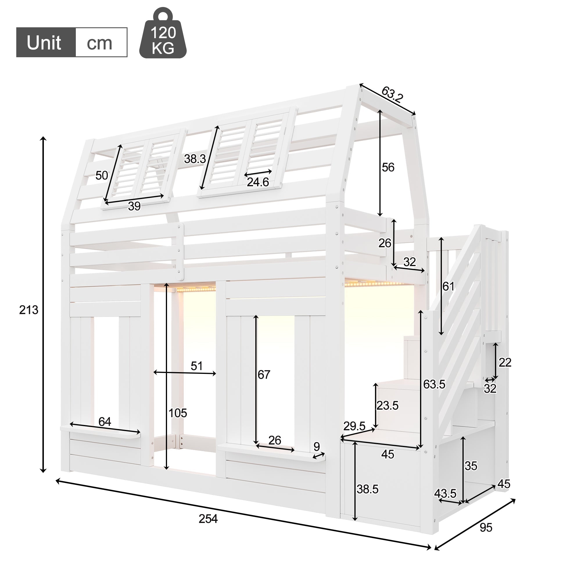Bunk Bed with LED, Fall Protection and Storage Stairs, 90x200cm, White Wooden House Design