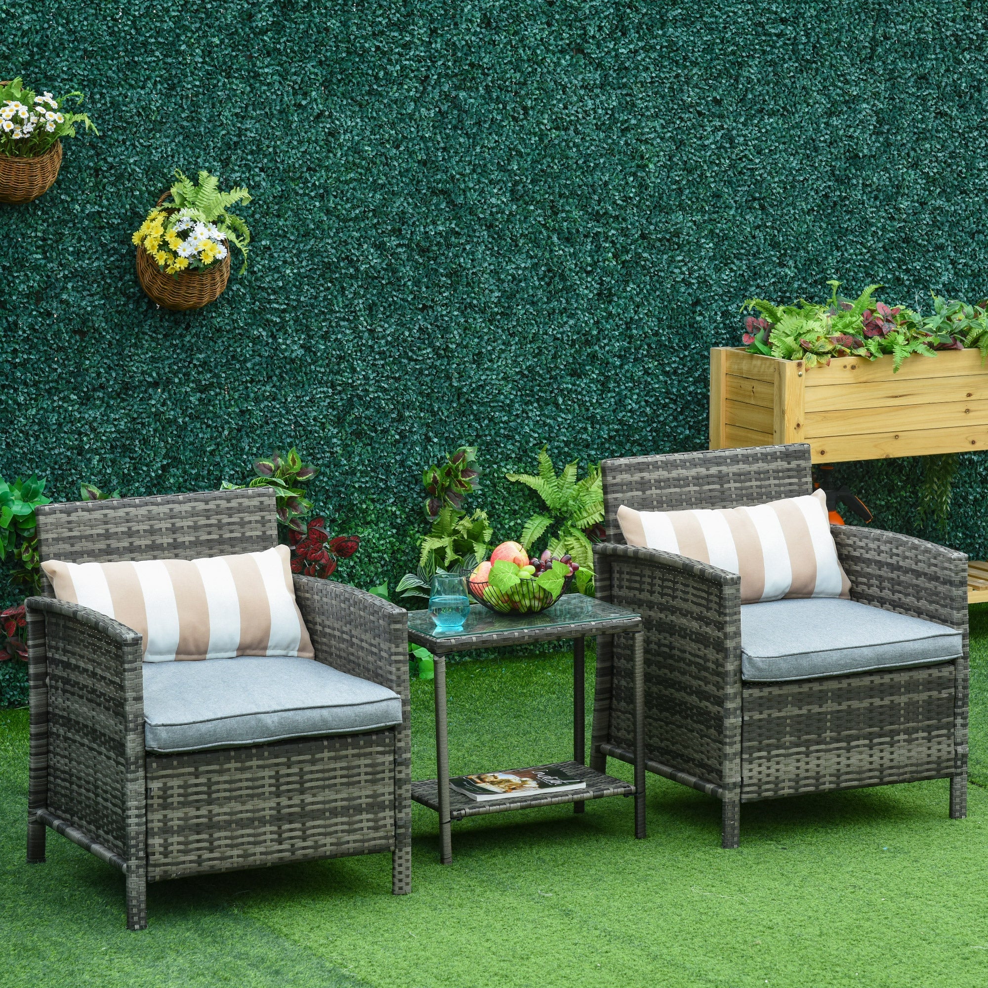 3 Pieces Rattan Bistro Set, Wicker Garden Furniture with 2-Tier Glass Top Table, Grey