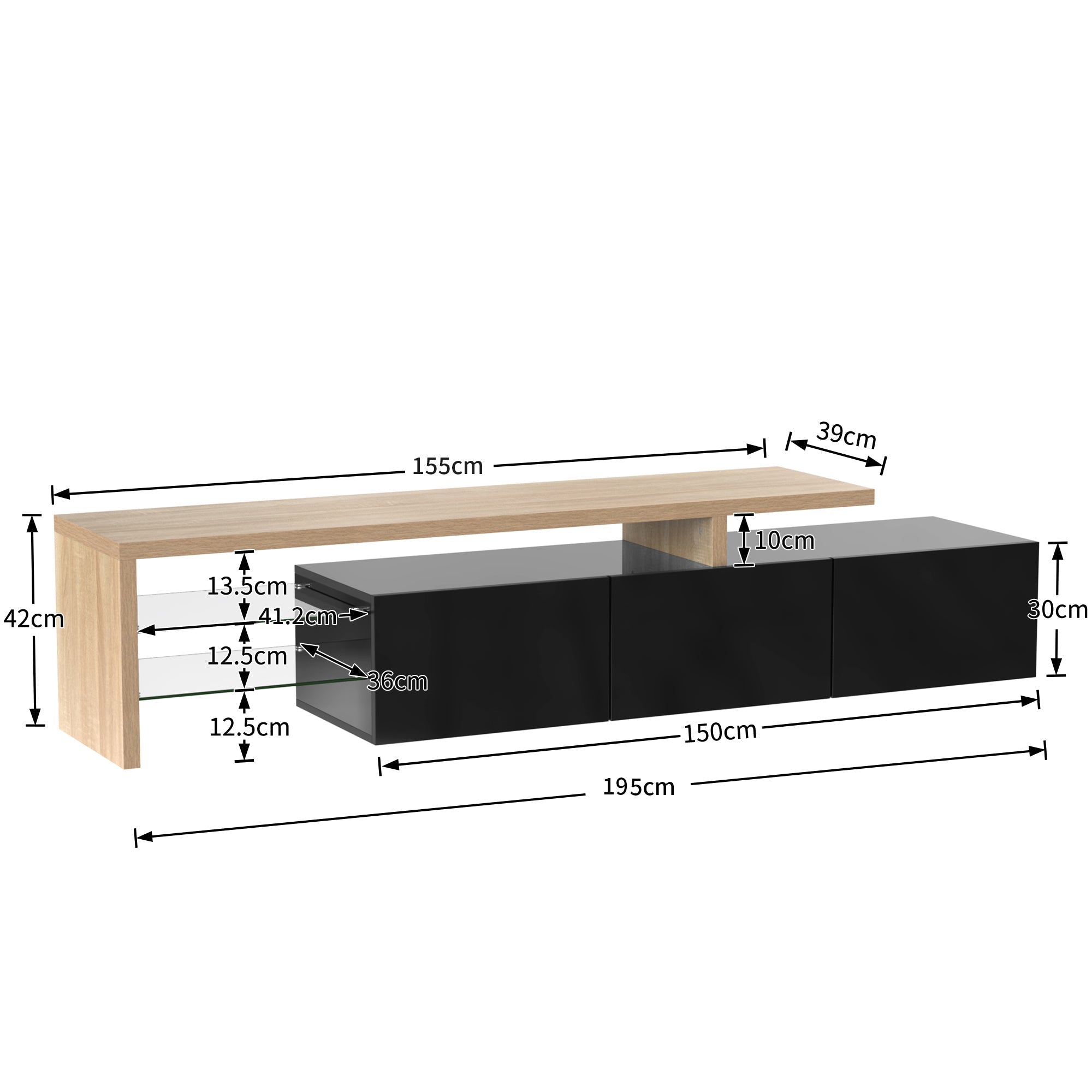 Modern TV Cabinet - Stylish Elegance, Practical Storage, Glass Shelves, LED Lighting - High-Gloss Black Wood Look