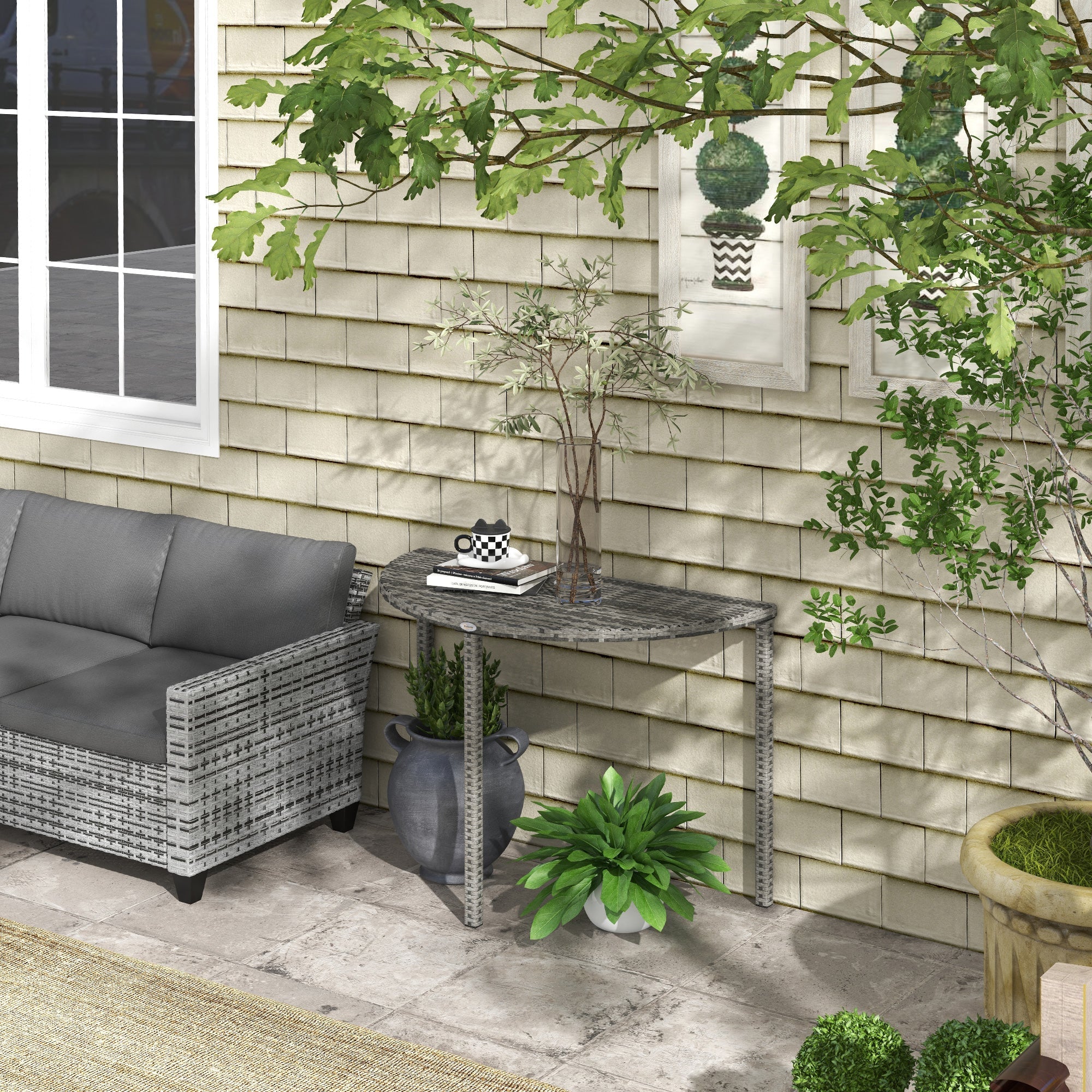 Semi-circular Balcony Table 100 x 50 x 74 cm Polyrattan & Metal, Grey