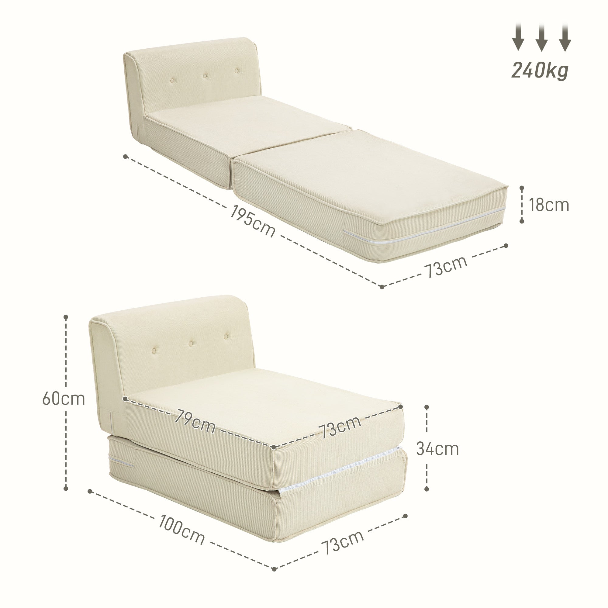 Schlafsofa 2-in-1 Klappbar Polsterung 240 kg, Cord Cremeweiß