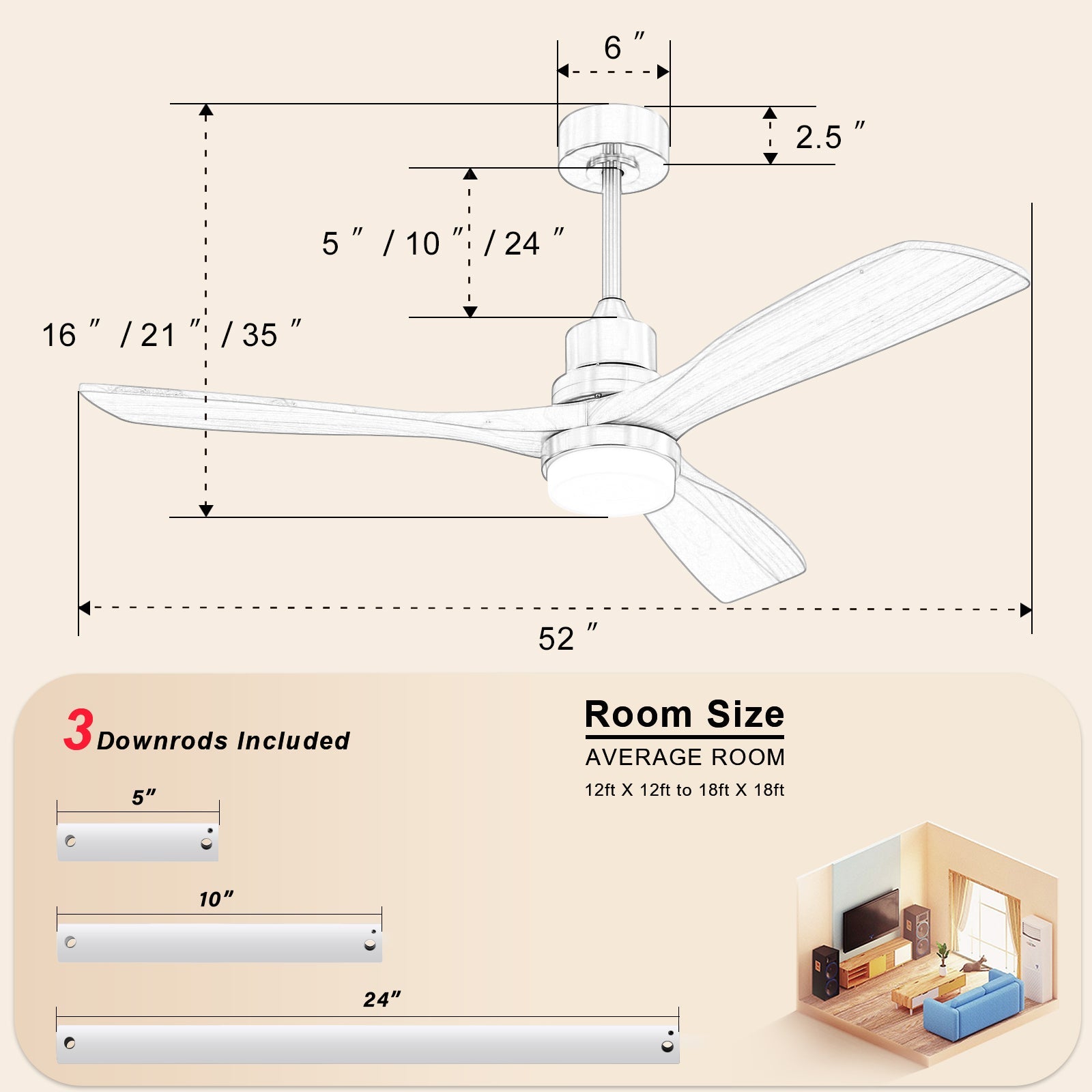 52-inch Ceiling Fan, Dimmable LED Light, 6 Speed, Reversible DC Motor, Wooden Blades