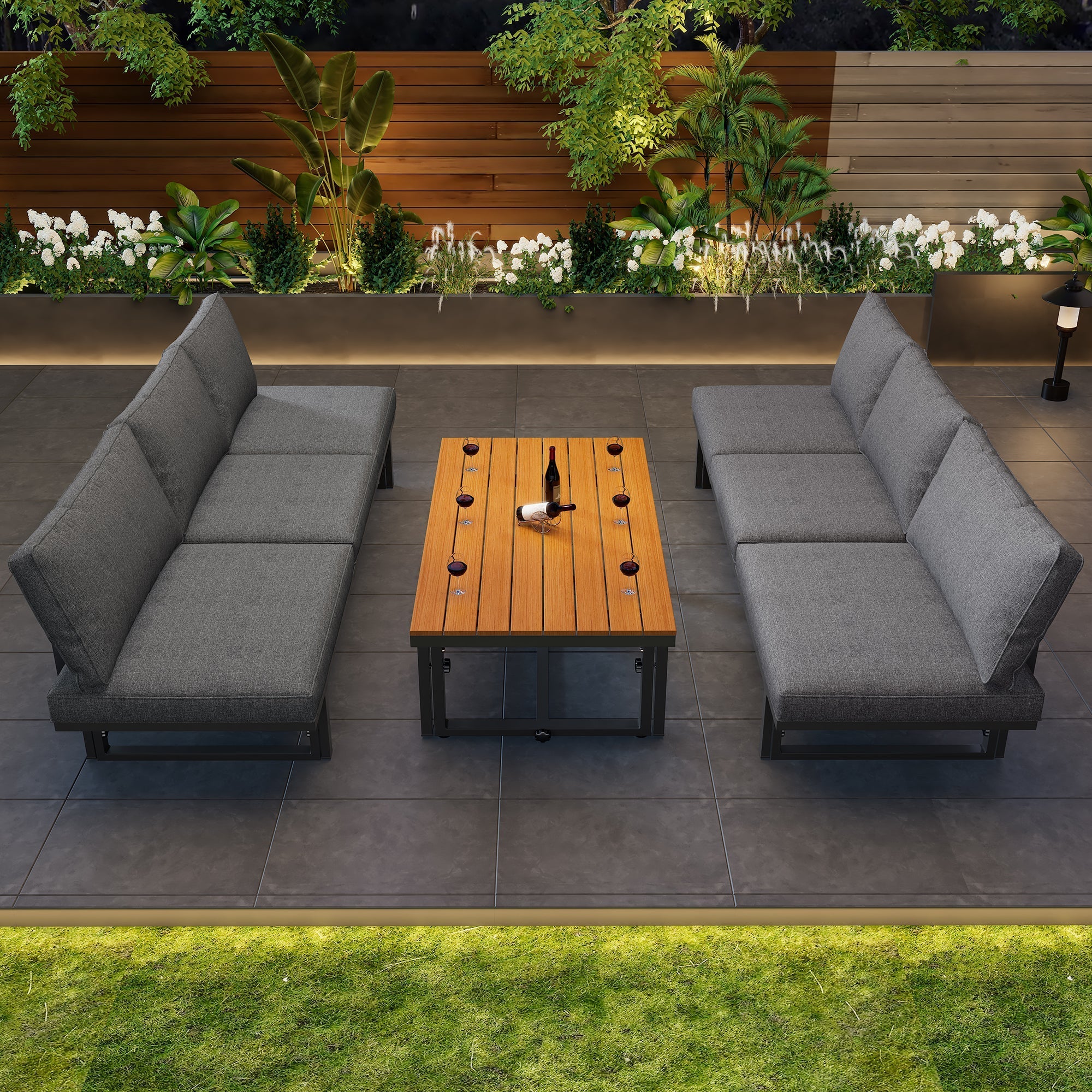 Outdoor Garden Furniture Set with Adjustable Table and Backrests, Galvanised Iron & Acacia Wood, Grey