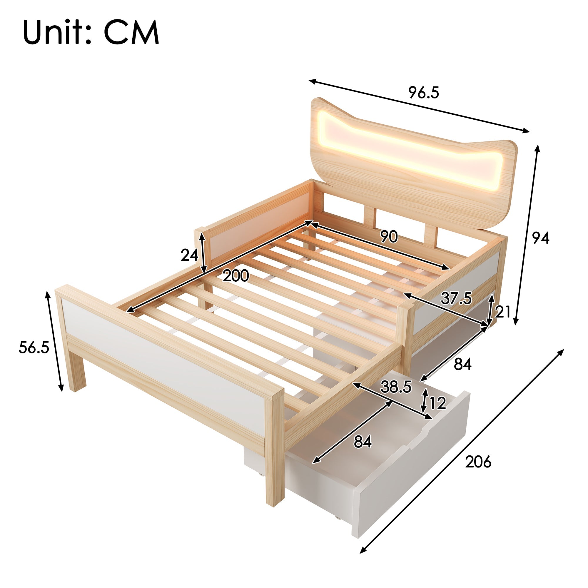 Children's Bed with Cat Ear Headboard, RGB LED Lighting, Drawer and Safety Rails, 90x200cm, White and Oak