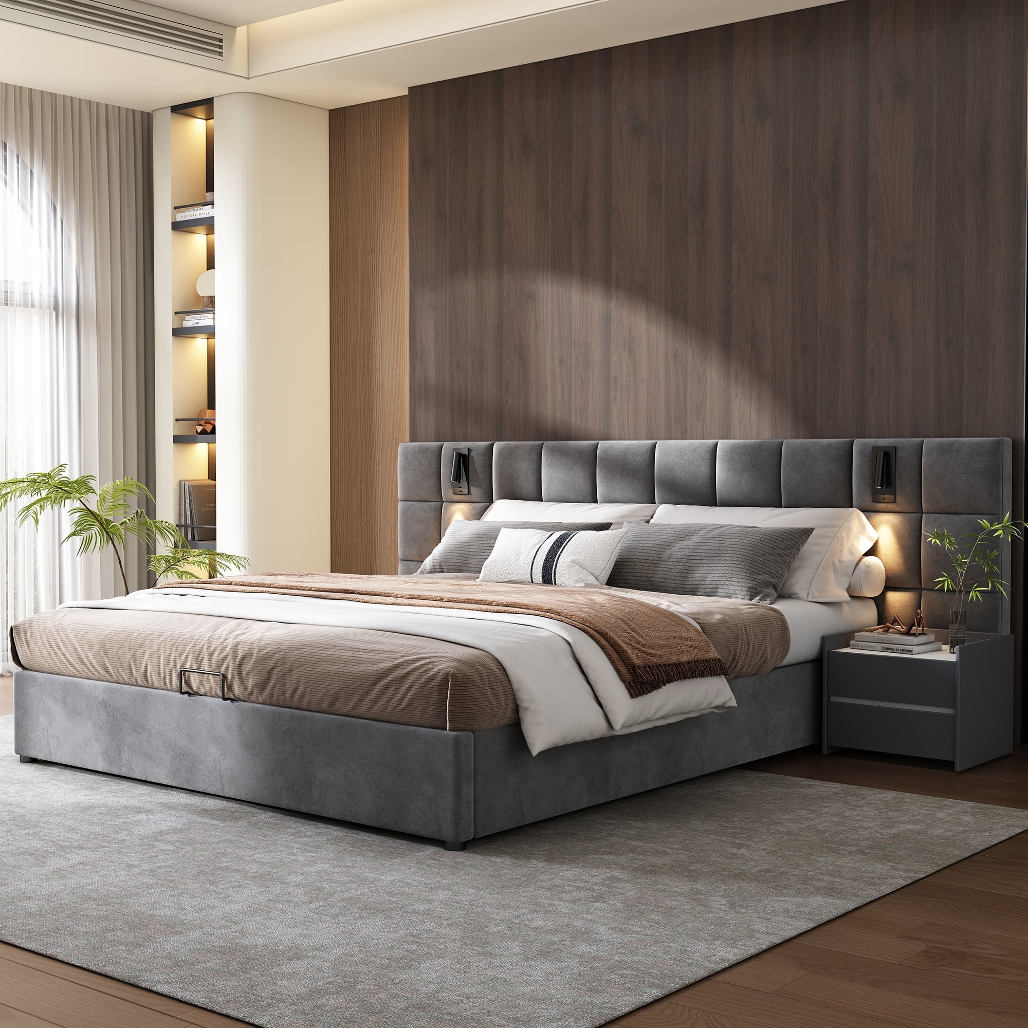 Upholstered Bed, King Size 5ft Hydraulic Storage with Lamp & USB Charging, Velvet Grey