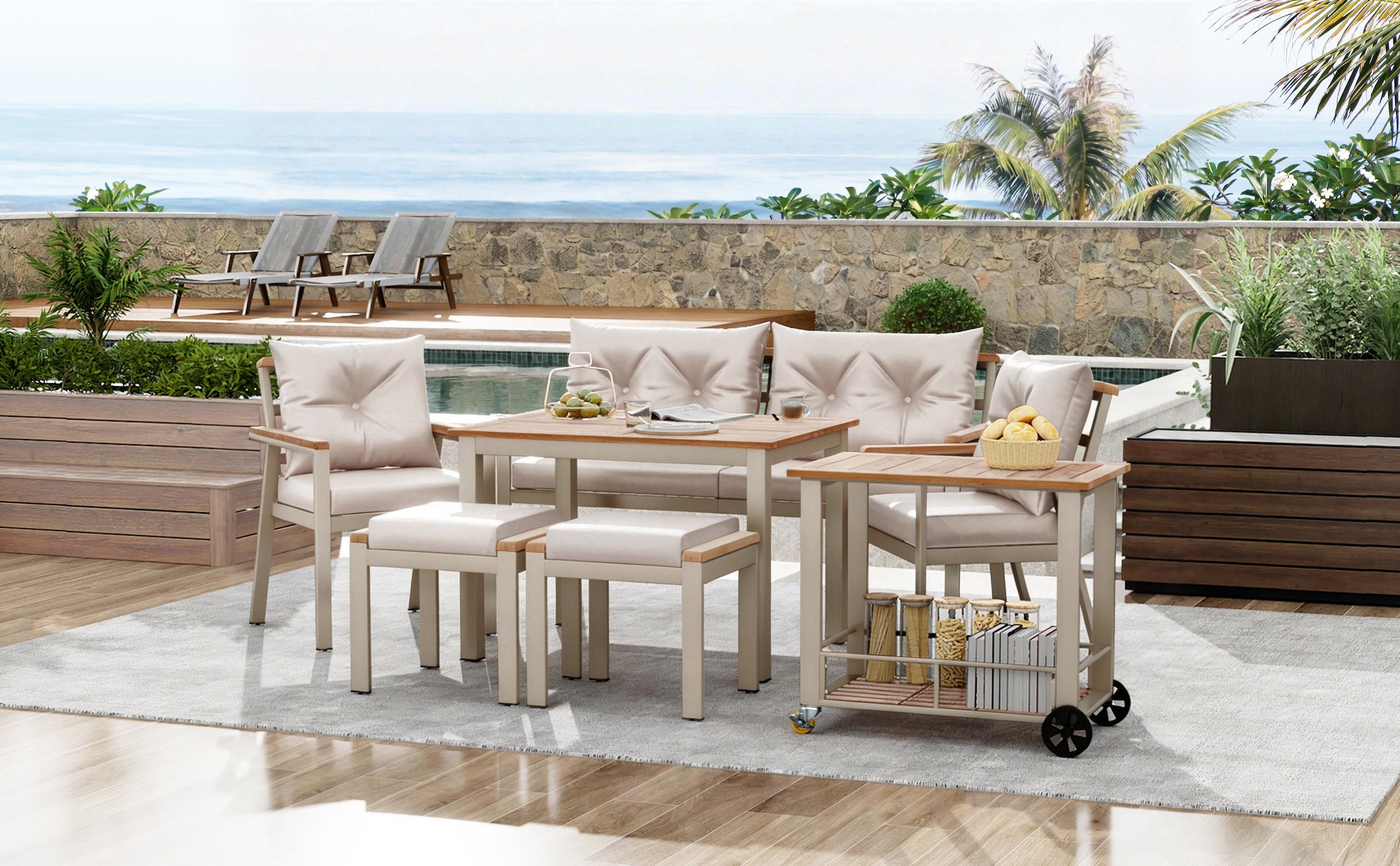 Garden Dining Table and Chair Set, 6-7 Seater with Armchairs and Removable Trolley, Acacia Wood