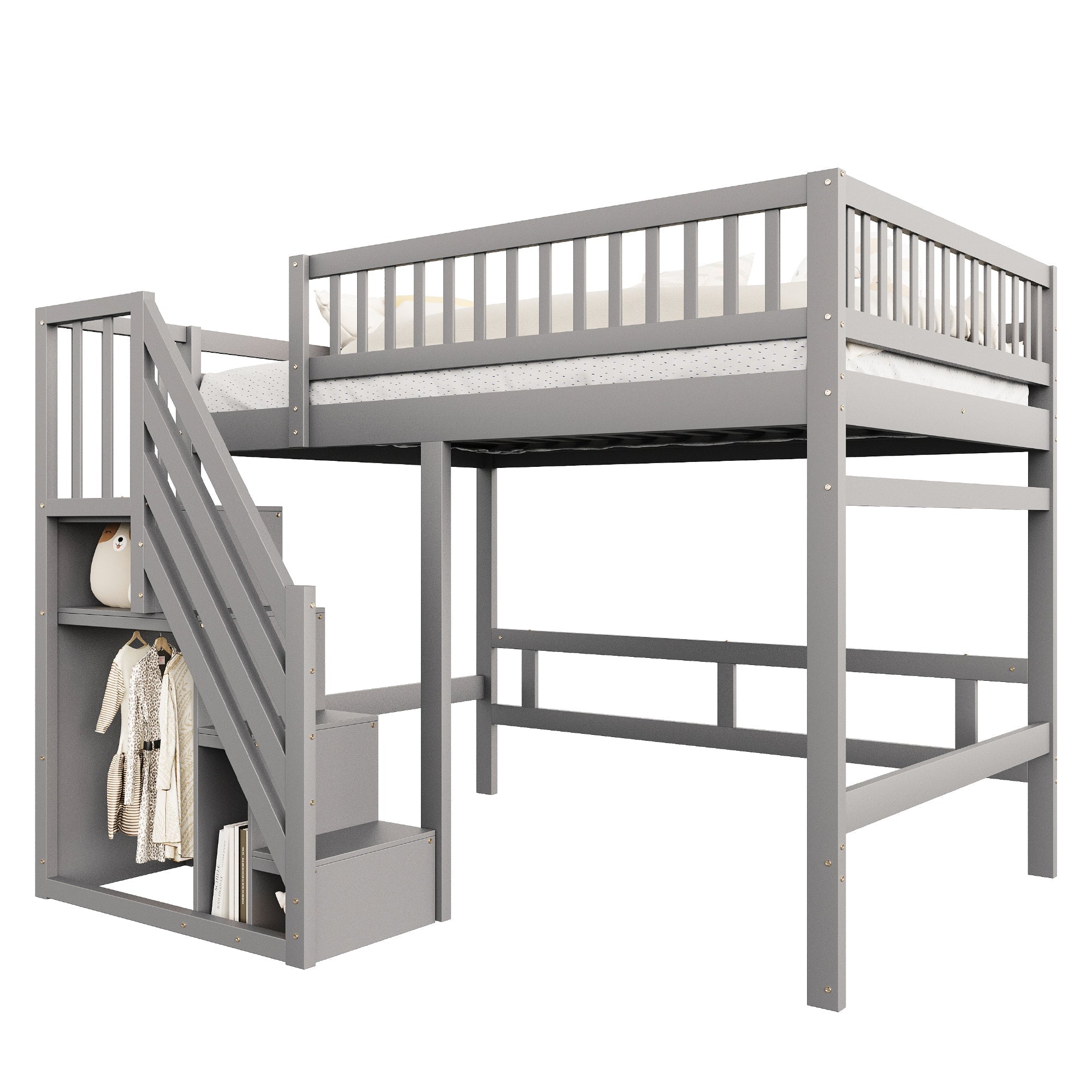 Solid wood bed 140*200, stairs with storage, high railing, grey