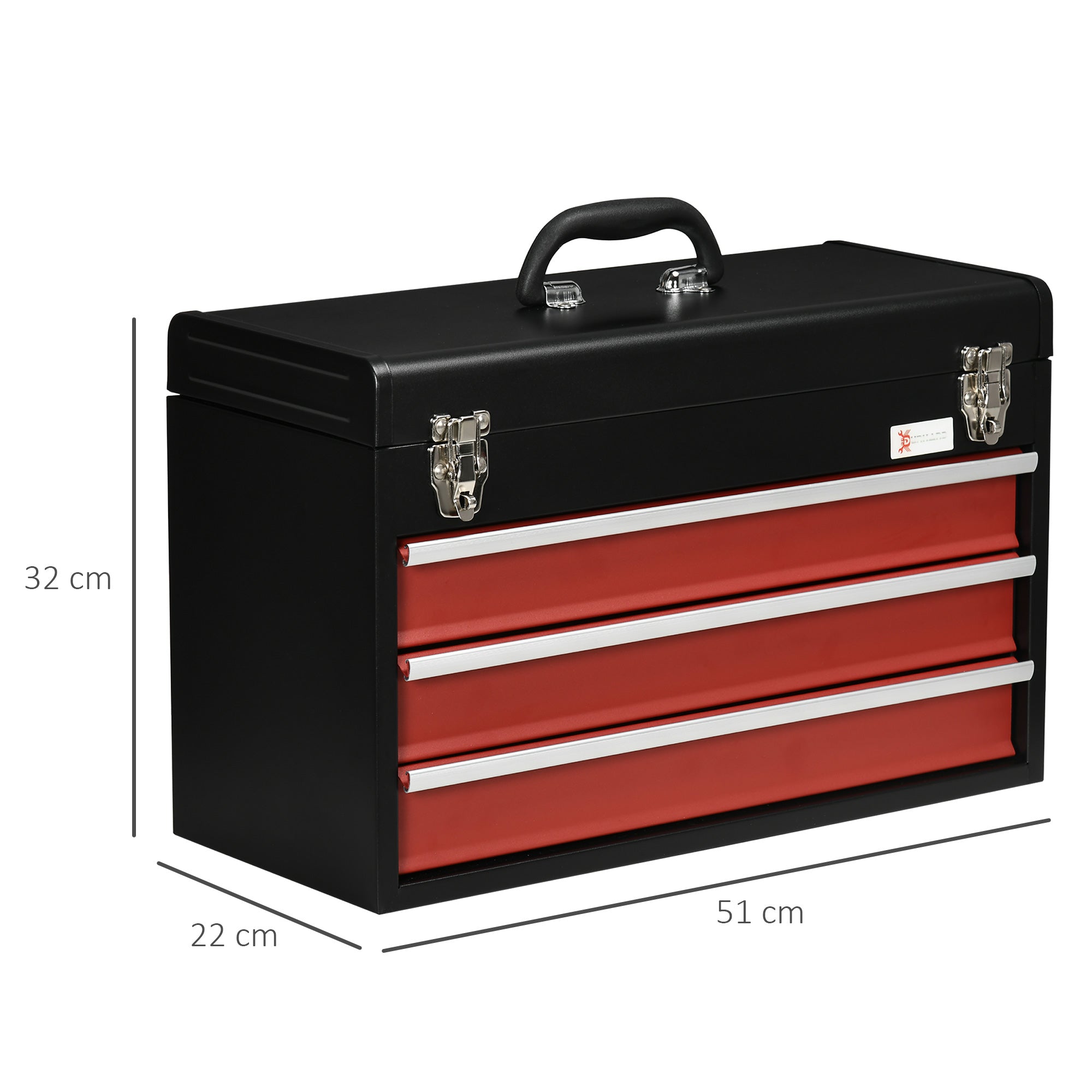 DURHAND tool case, practical tool box 3 drawers with handle lock, steel black red