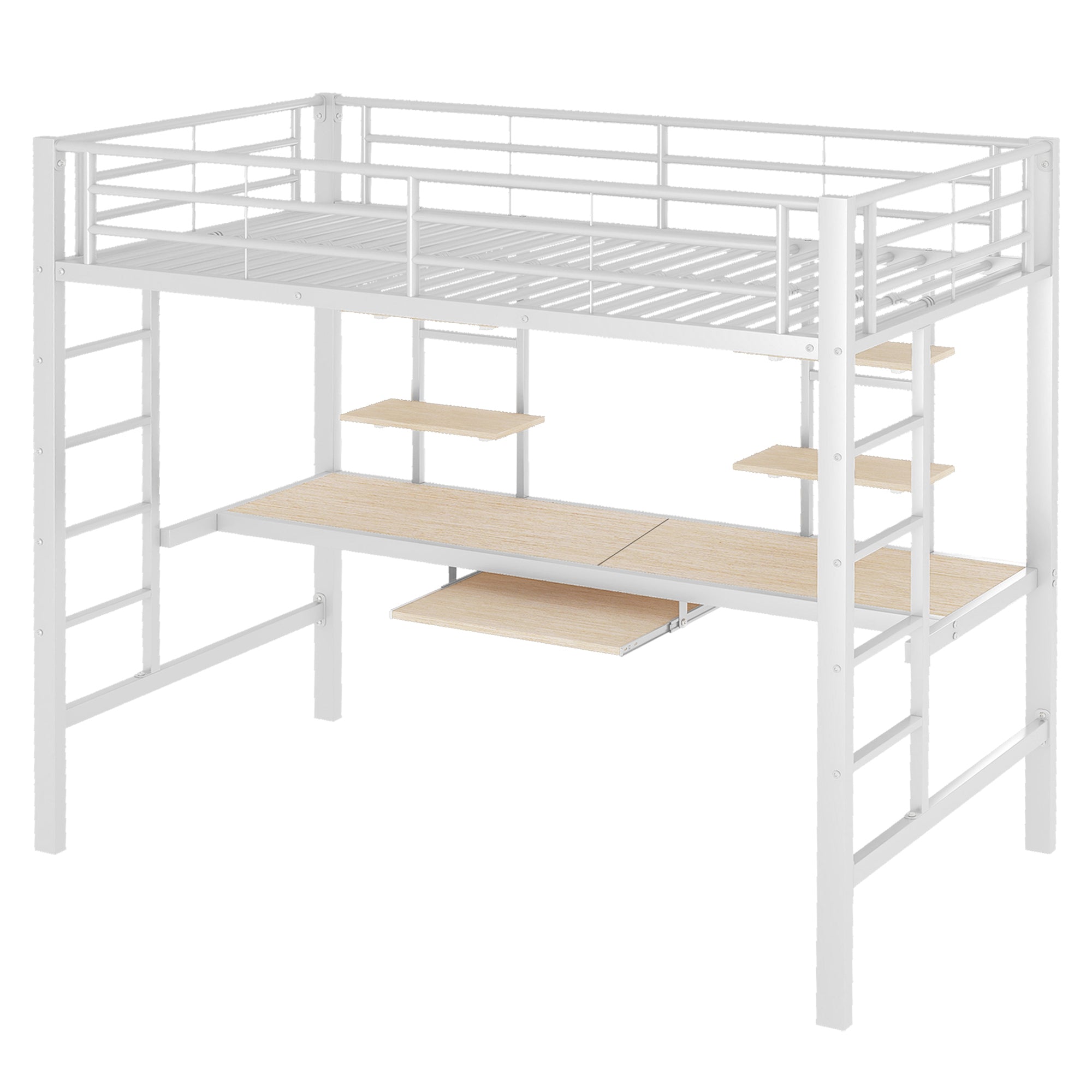 Loft Bed 90x200cm Metal Frame with Desk and 2 Bookshelves White