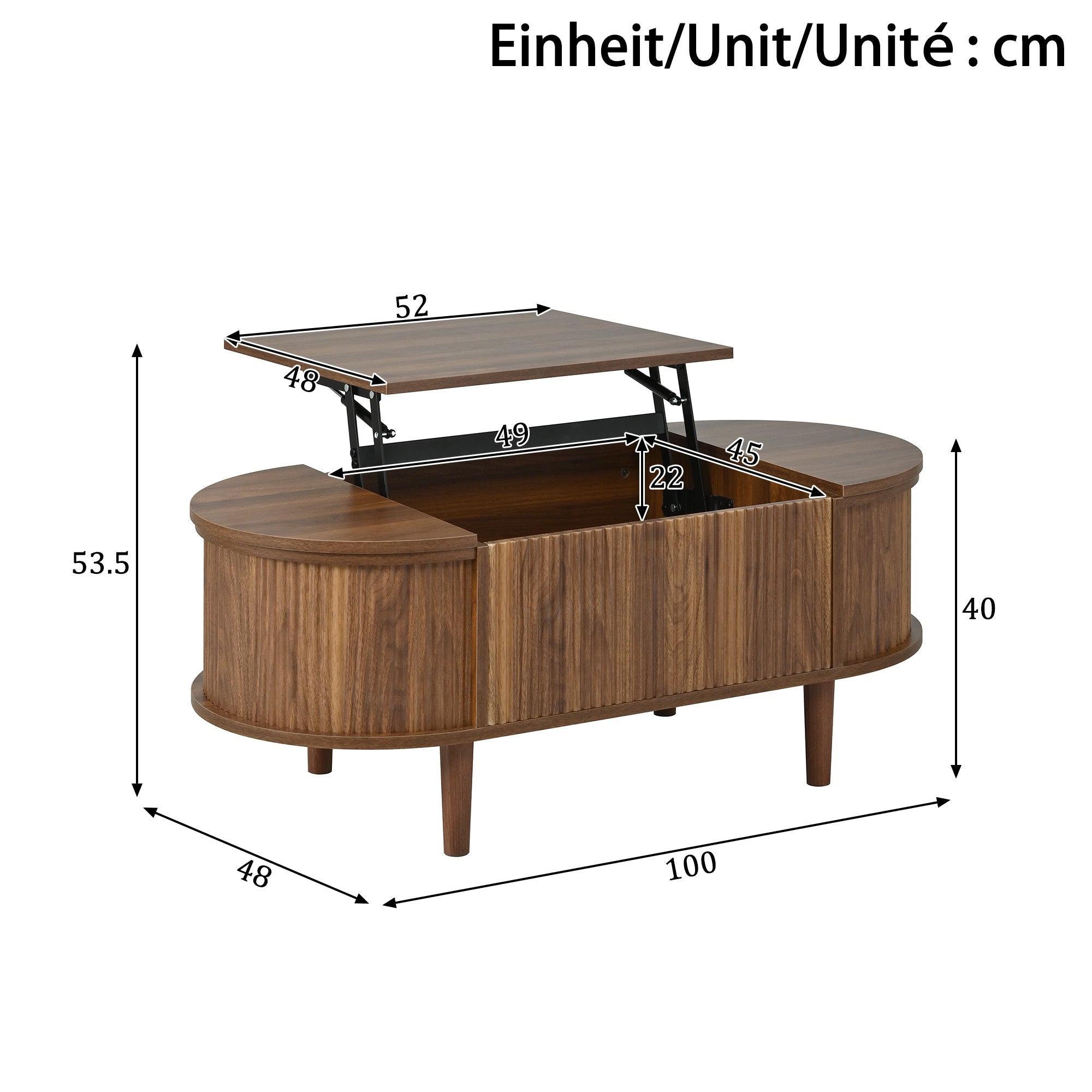 Oval Coffee Table with Adjustable Storage and Vintage Style, Solid Wood Legs