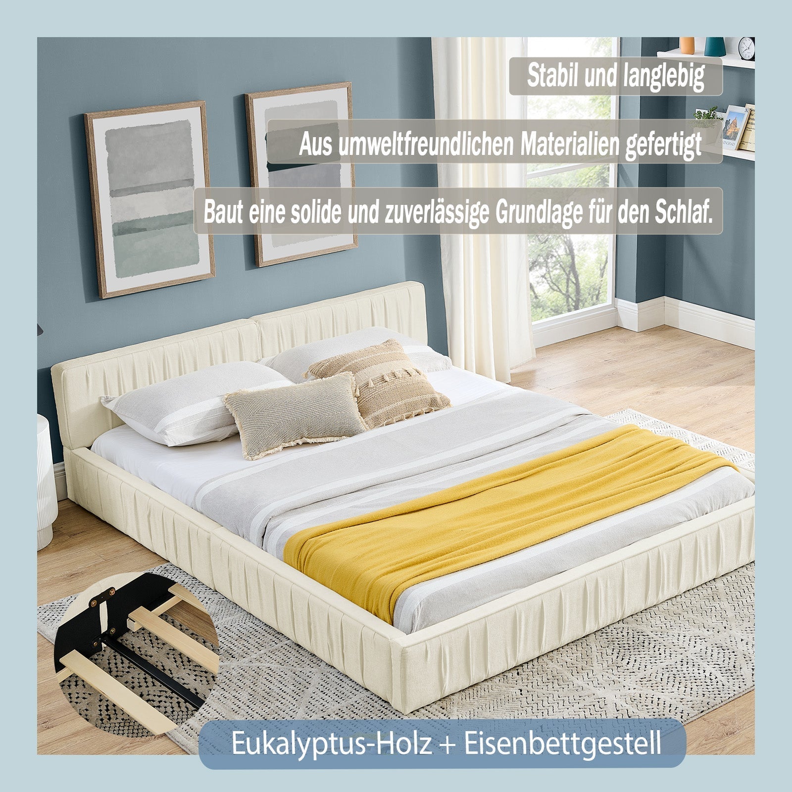 Double Bed 160x200cm Chenille Cover Wood & Iron Frame - Beige