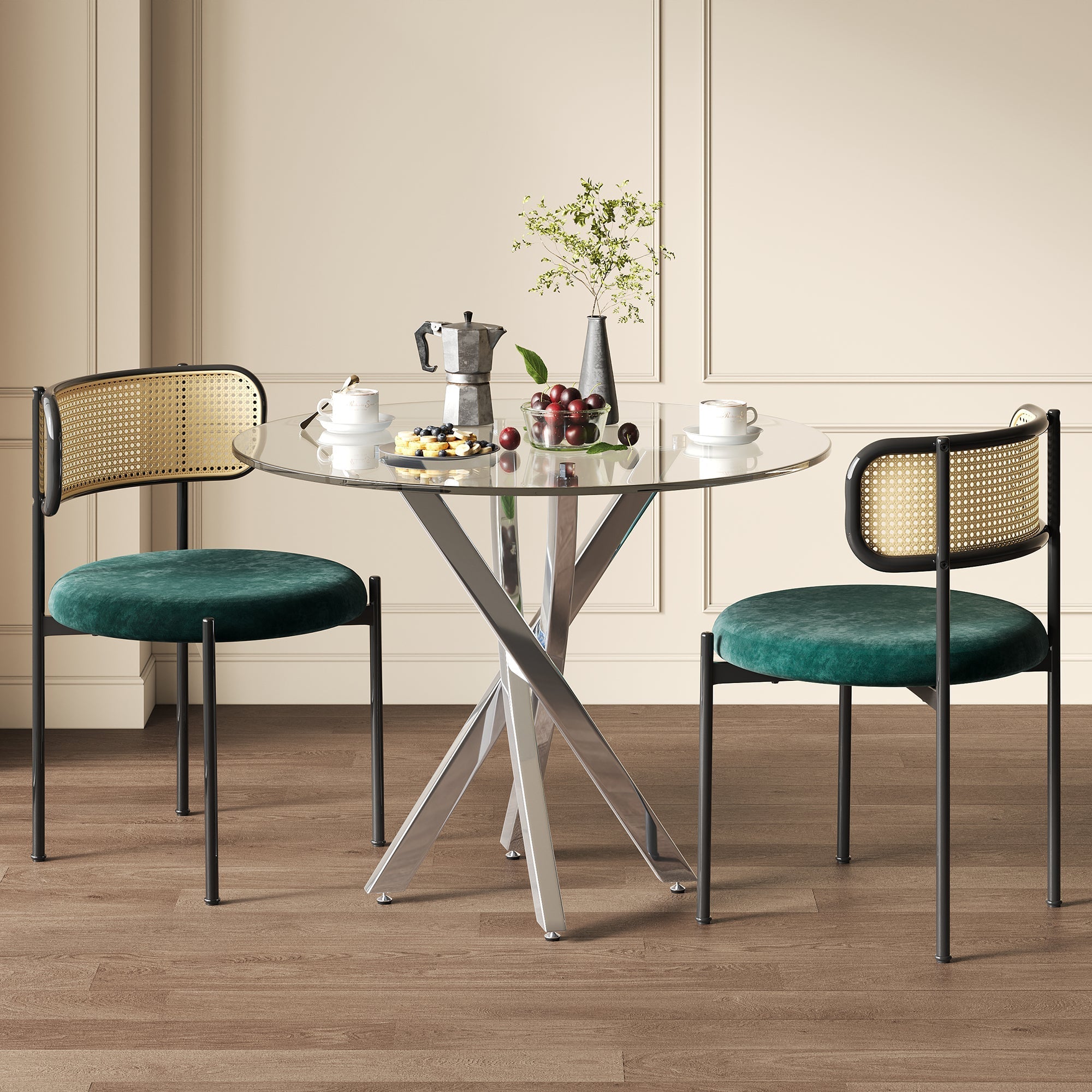 Dining Table Set with Tempered Glass Tabletop and 2 Chairs, Green and Silver