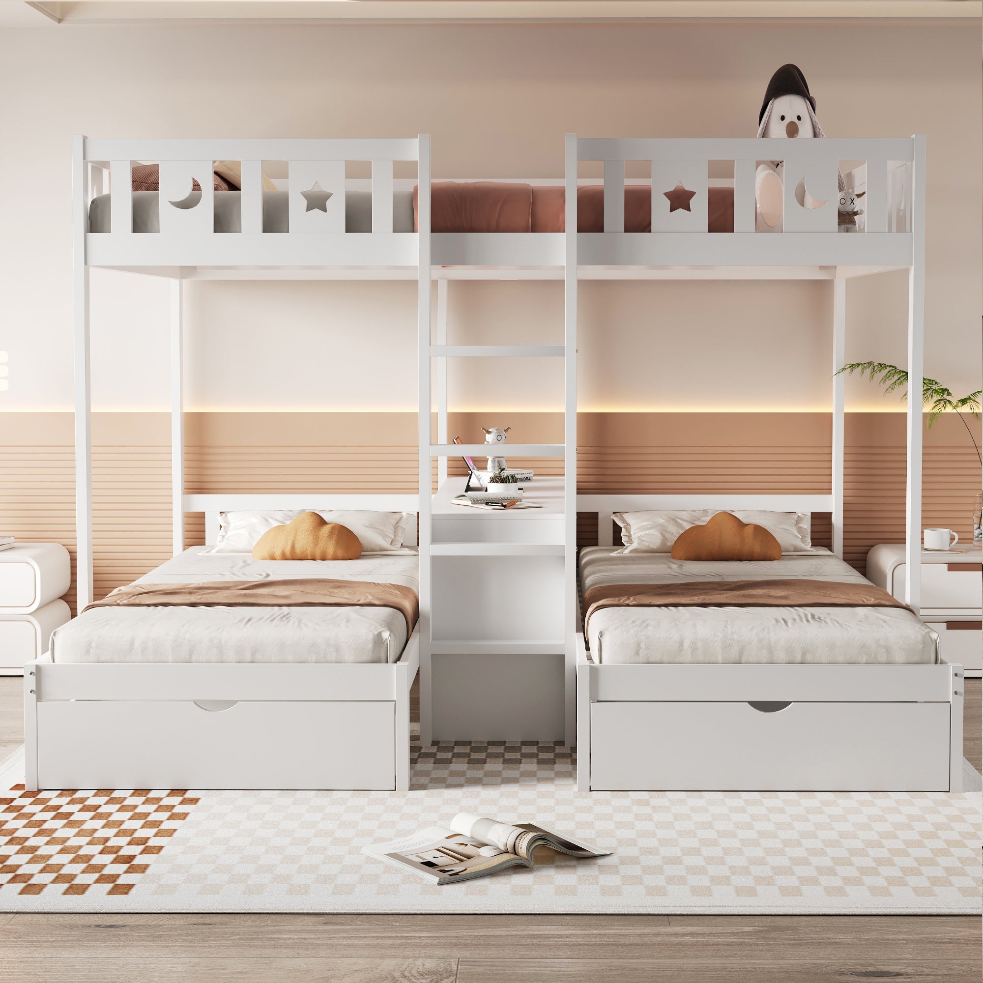 Triple Bunk Bed with Storage Stairs, Drawers and Star Moon Guardrails, 90x200cm & 140x200cm, White Solid Wood