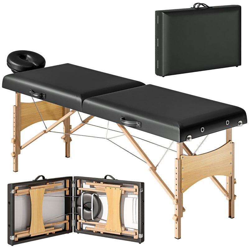 Mobile Massage Table, 2 Zones Foldable Adjustable 70 cm, Black Wooden Feet